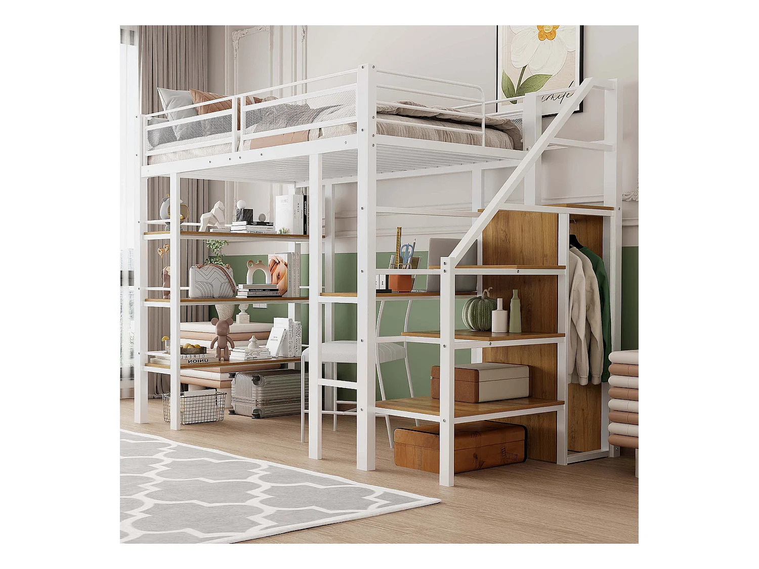 Lit mezzanine 90 x 200 cm avec bureau, armoire, étagères et marches de rangement - Métal - pour enfant - Blanc (sans matelas)