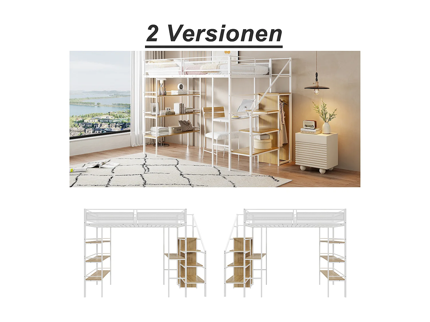 Hoogslaper (90 x 200 cm) met bureau, kledingkast, planken en opbergtrap - Metaal - voor kinderen - Wit (zonder matras)