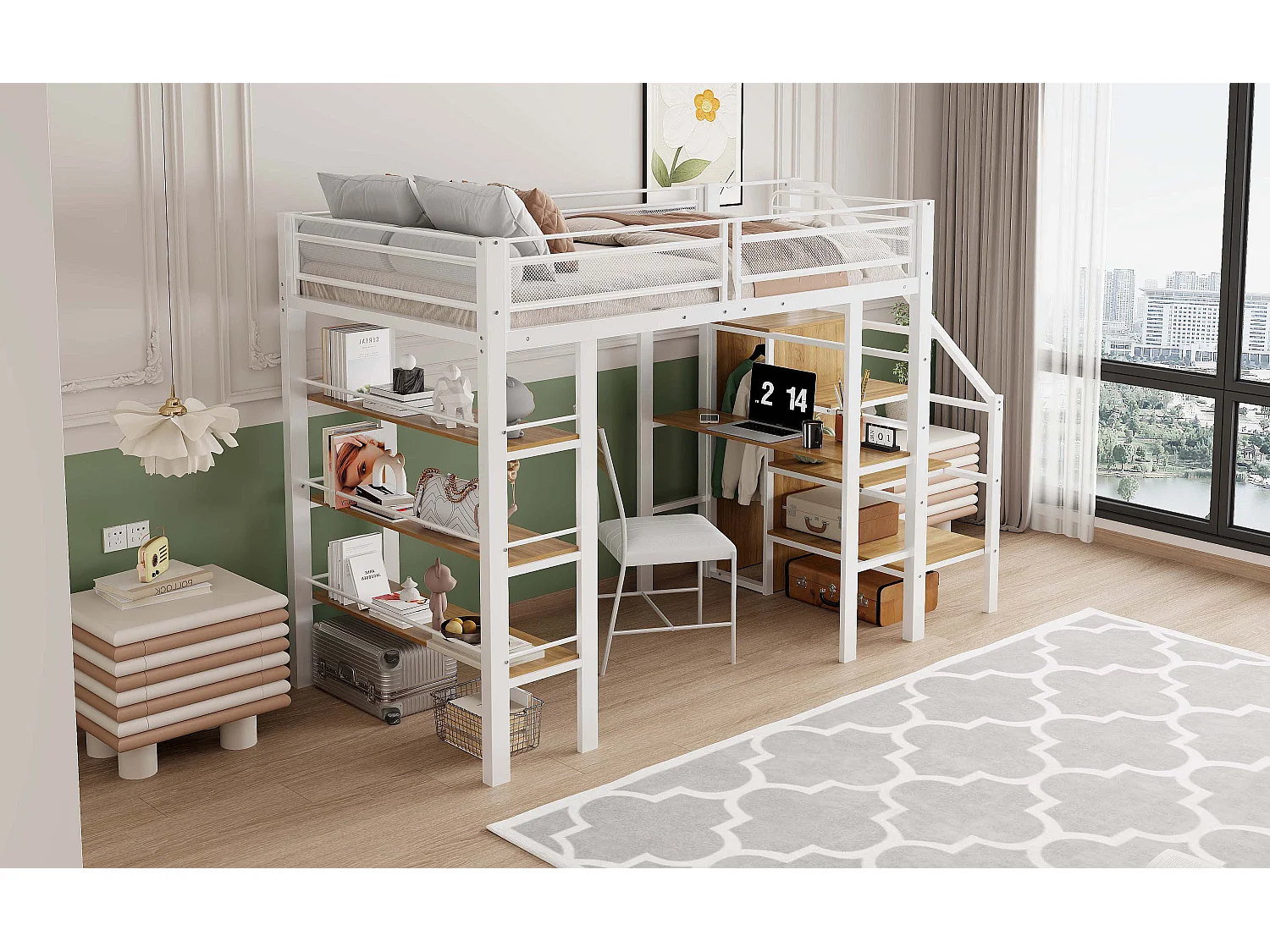 Hoogslaper (90 x 200 cm) met bureau, kledingkast, planken en opbergtrap - Metaal - voor kinderen - Wit (zonder matras)