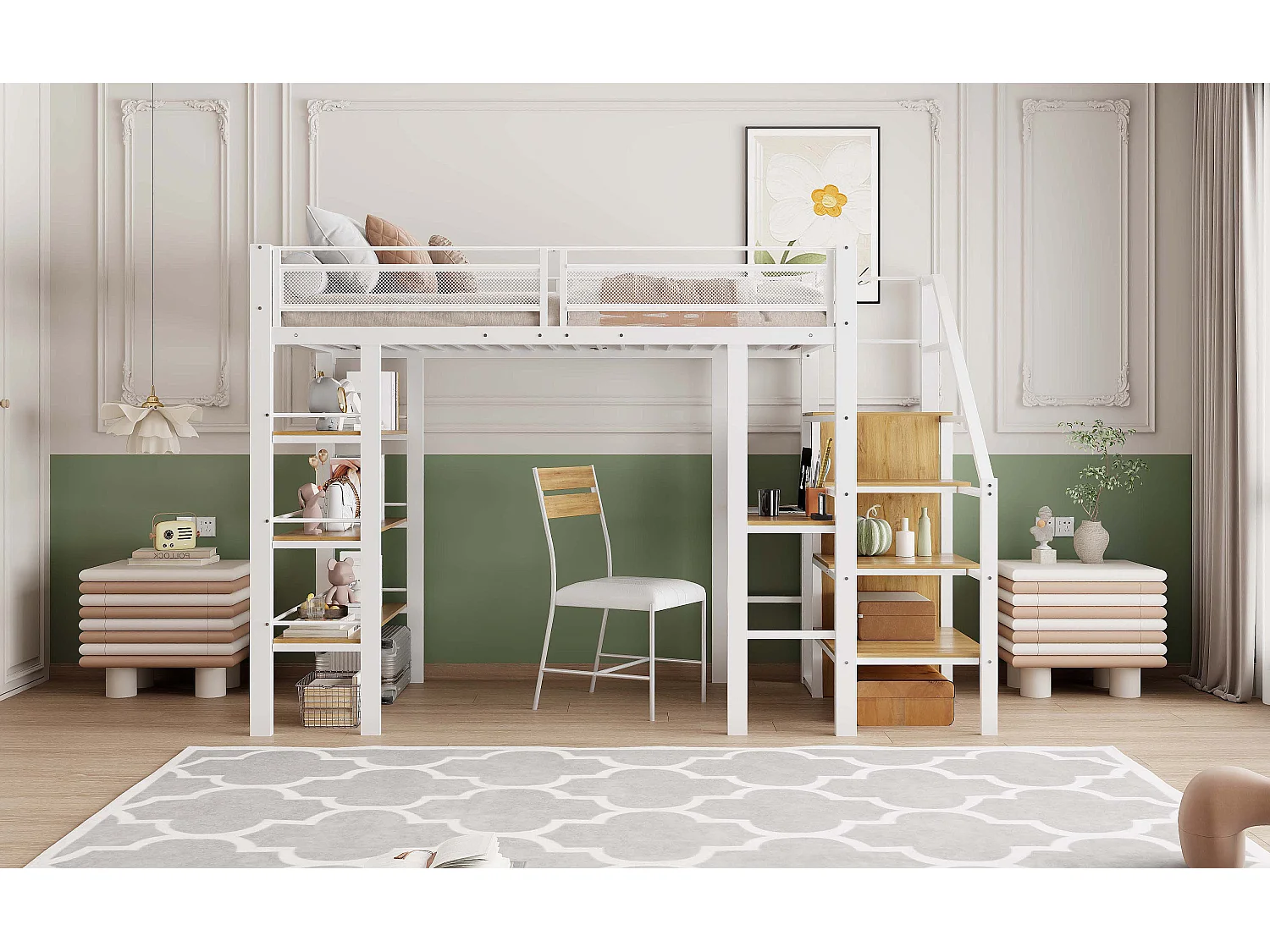 Hoogslaper (90 x 200 cm) met bureau, kledingkast, planken en opbergtrap - Metaal - voor kinderen - Wit (zonder matras)