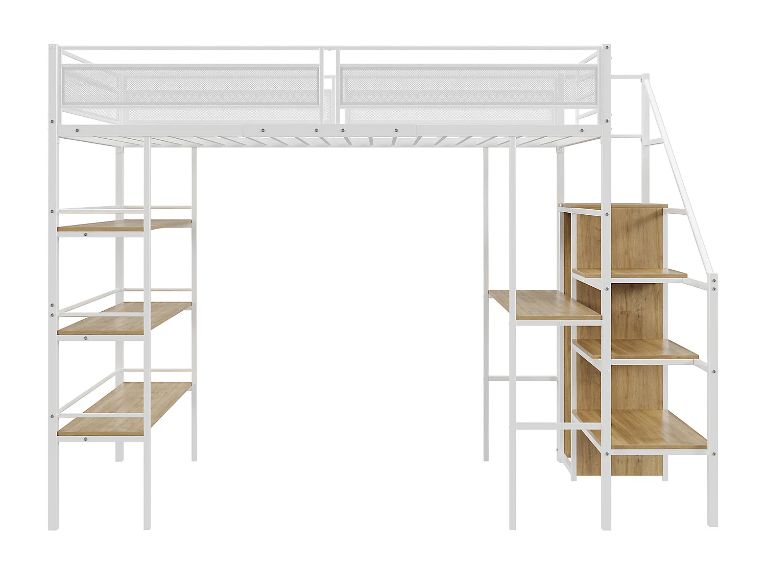 Hoogslaper (90 x 200 cm) met bureau, kledingkast, planken en opbergtrap - Metaal - voor kinderen - Wit (zonder matras)