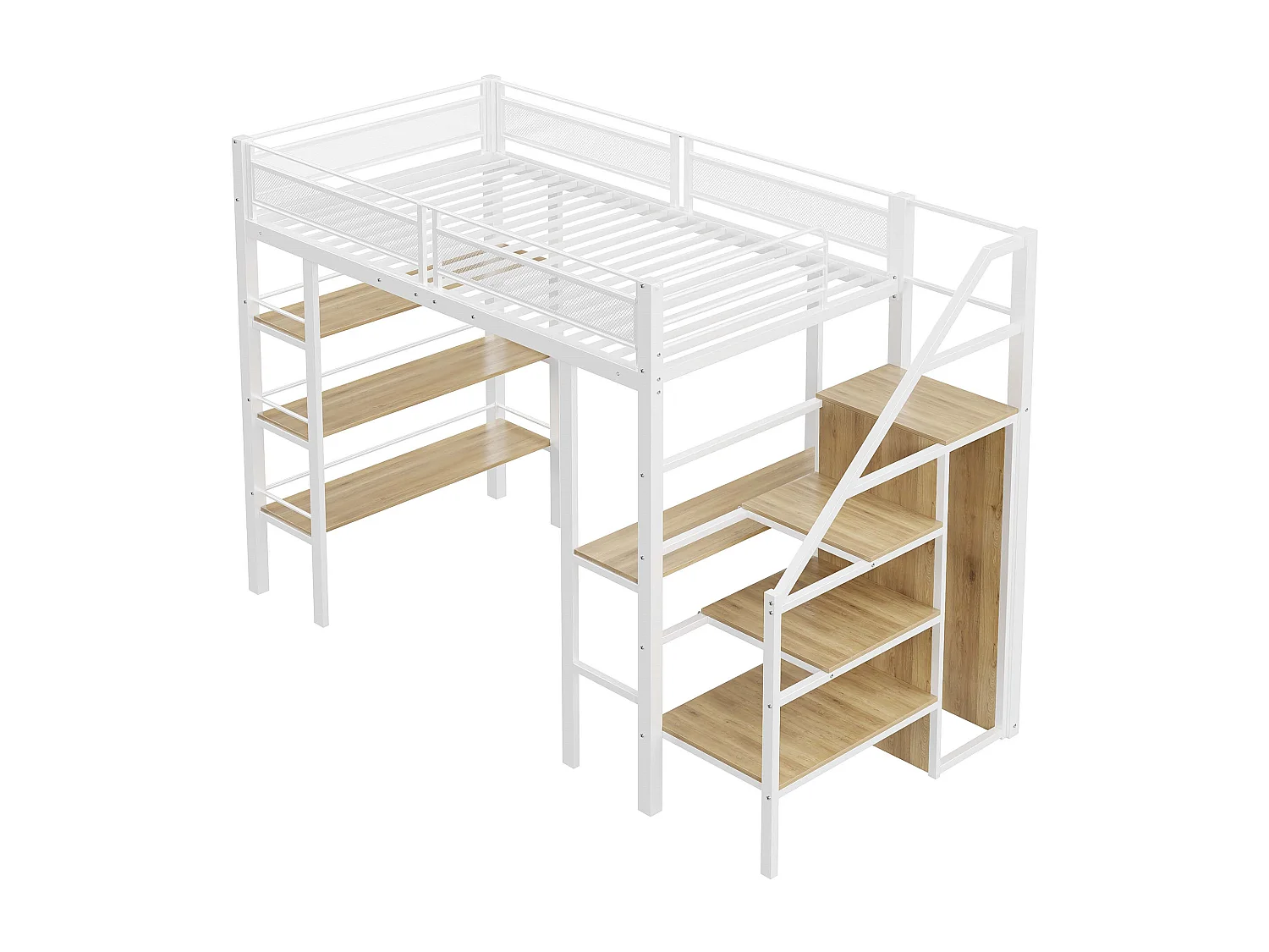 Hoogslaper (90 x 200 cm) met bureau, kledingkast, planken en opbergtrap - Metaal - voor kinderen - Wit (zonder matras)