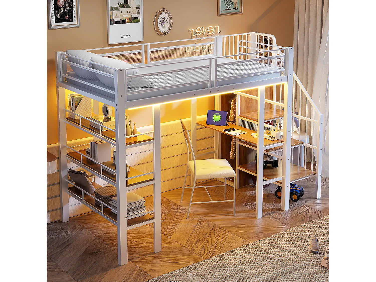 Loftsäng 90 x 200 cm med skrivbord, garderob, hyllor och trappa med förvaring – Metall – för barn (madrass ingår ej)