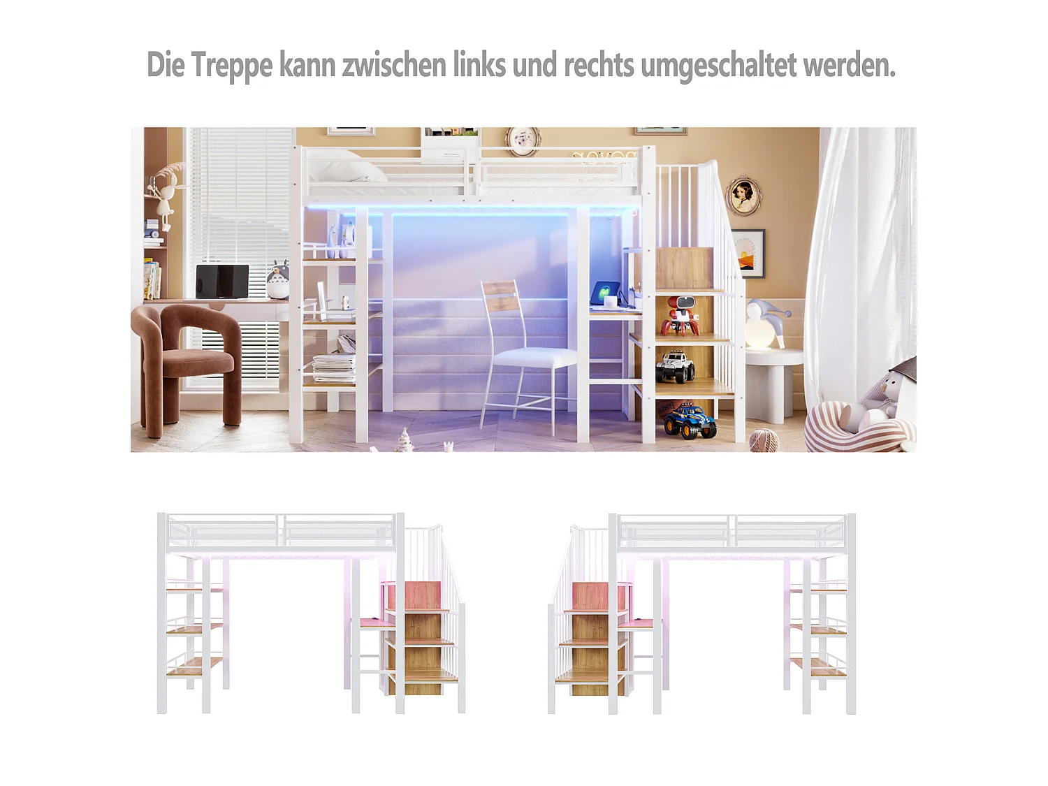 Loftsäng 90 x 200 cm med skrivbord, garderob, hyllor och trappa med förvaring – Metall – för barn (madrass ingår ej)