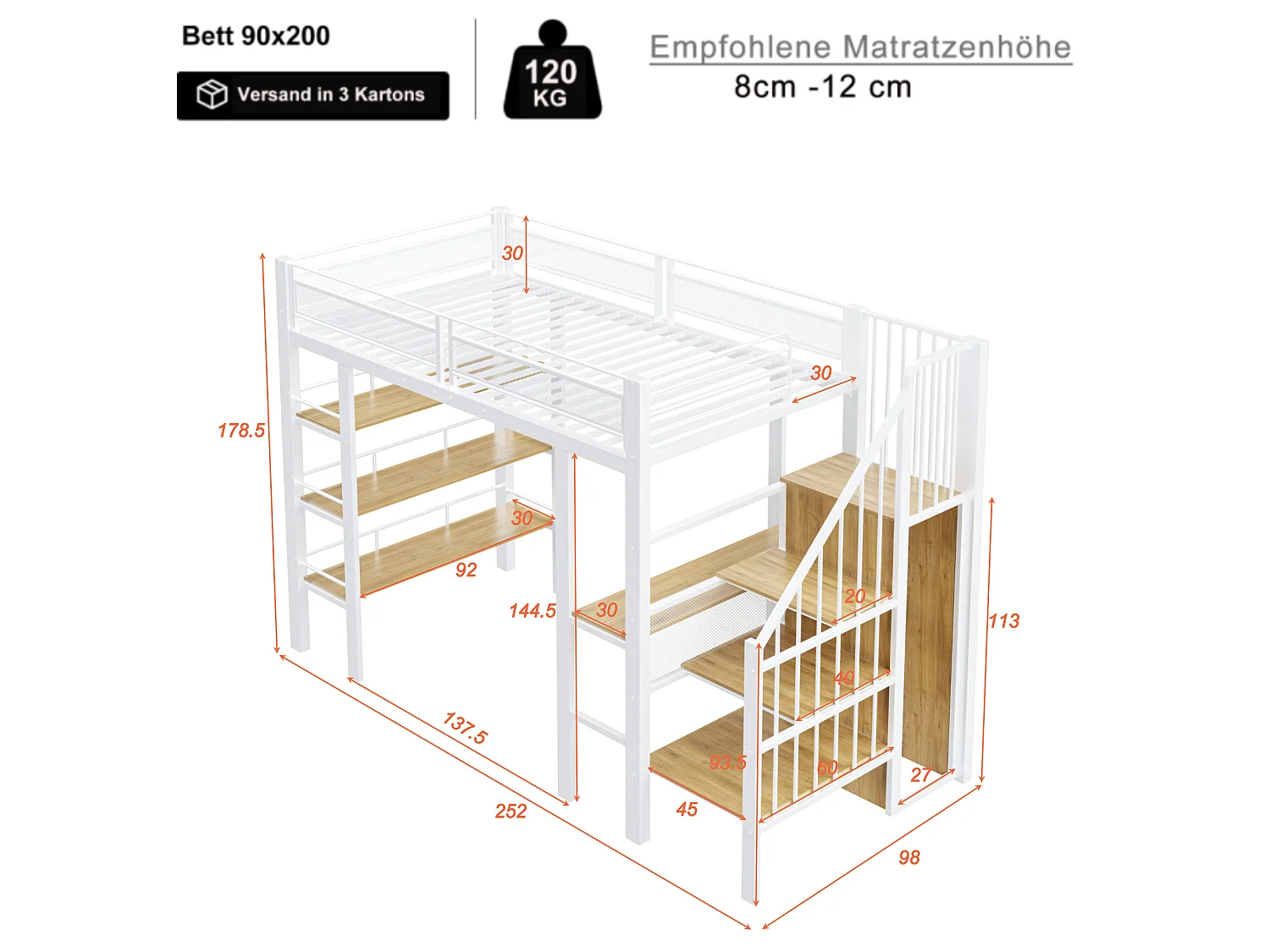 Loftsäng 90 x 200 cm med skrivbord, garderob, hyllor och trappa med förvaring – Metall – för barn (madrass ingår ej)