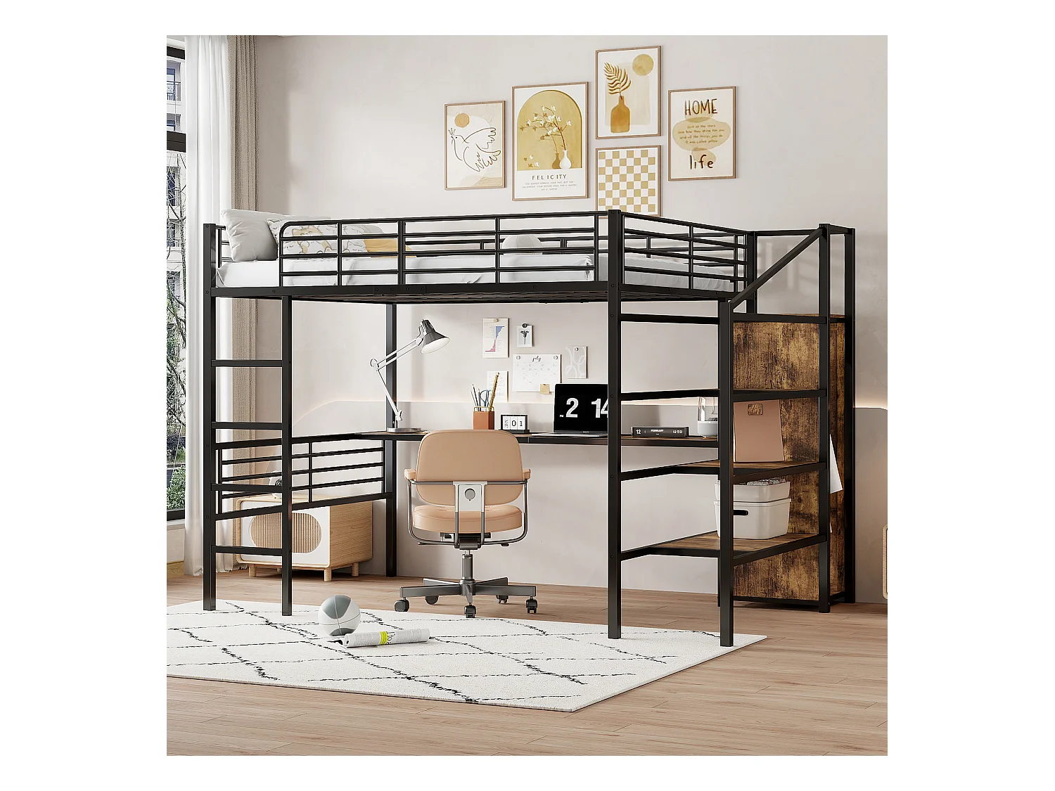 Letto a soppalco 140 x 200 cm con scrivania, armadio e gradini portaoggetti - Metallo + MDF - Nero (senza materasso)