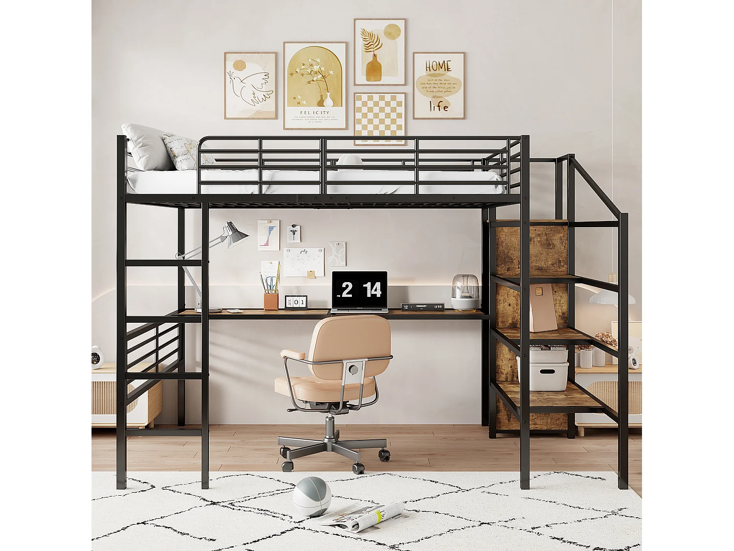 Letto a soppalco 140 x 200 cm con scrivania, armadio e gradini portaoggetti - Metallo + MDF - Nero (senza materasso)