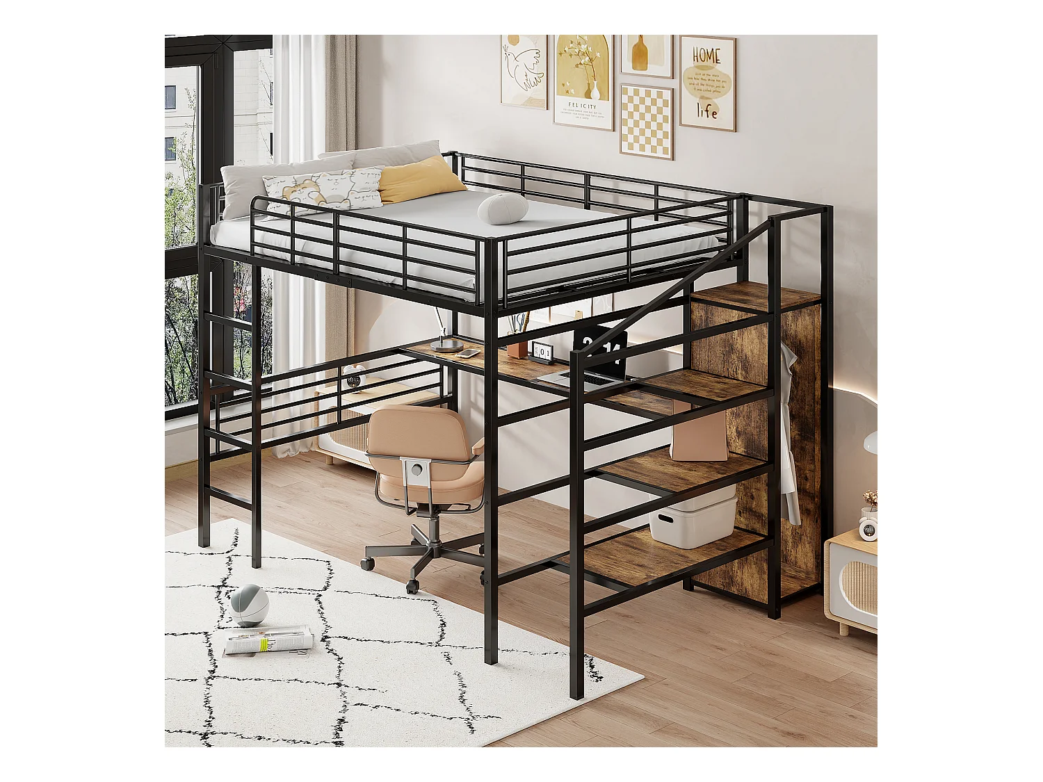 Hoogslaper 140 x 200 cm met bureau, kledingkast en opbergtrap - Metaal + MDF - Zwart (zonder matras)