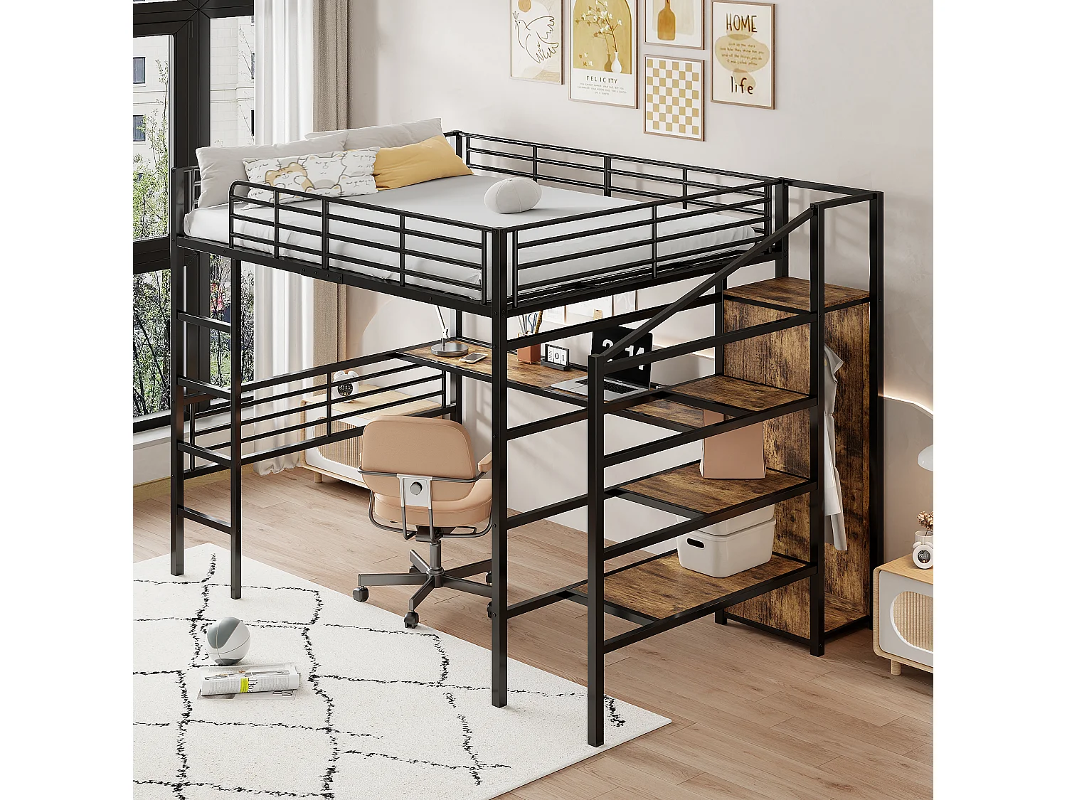 Letto a soppalco 140 x 200 cm con scrivania, armadio e gradini portaoggetti - Metallo + MDF - Nero (senza materasso)