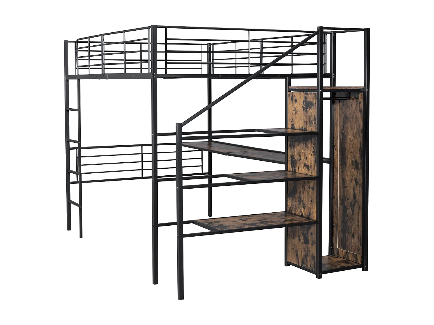 Letto a soppalco 140 x 200 cm con scrivania, armadio e gradini portaoggetti - Metallo + MDF - Nero (senza materasso)