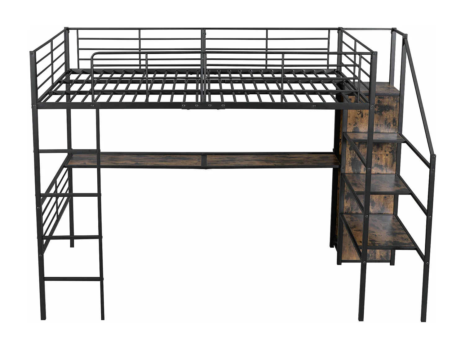 Letto a soppalco 140 x 200 cm con scrivania, armadio e gradini portaoggetti - Metallo + MDF - Nero (senza materasso)