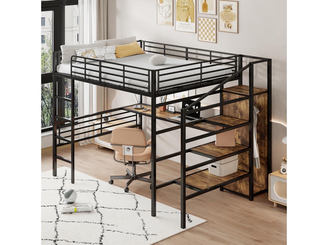 Hoogslaper 140 x 200 cm met bureau, kledingkast en opbergtrap - Metaal + MDF - Zwart (zonder matras)