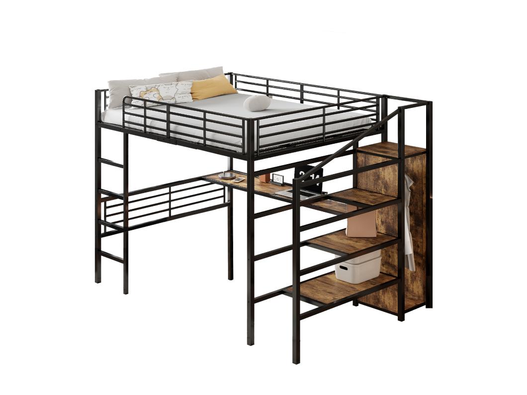 Hoogslaper 140 x 200 cm met bureau, kledingkast en opbergtrap - Metaal + MDF - Zwart (zonder matras)