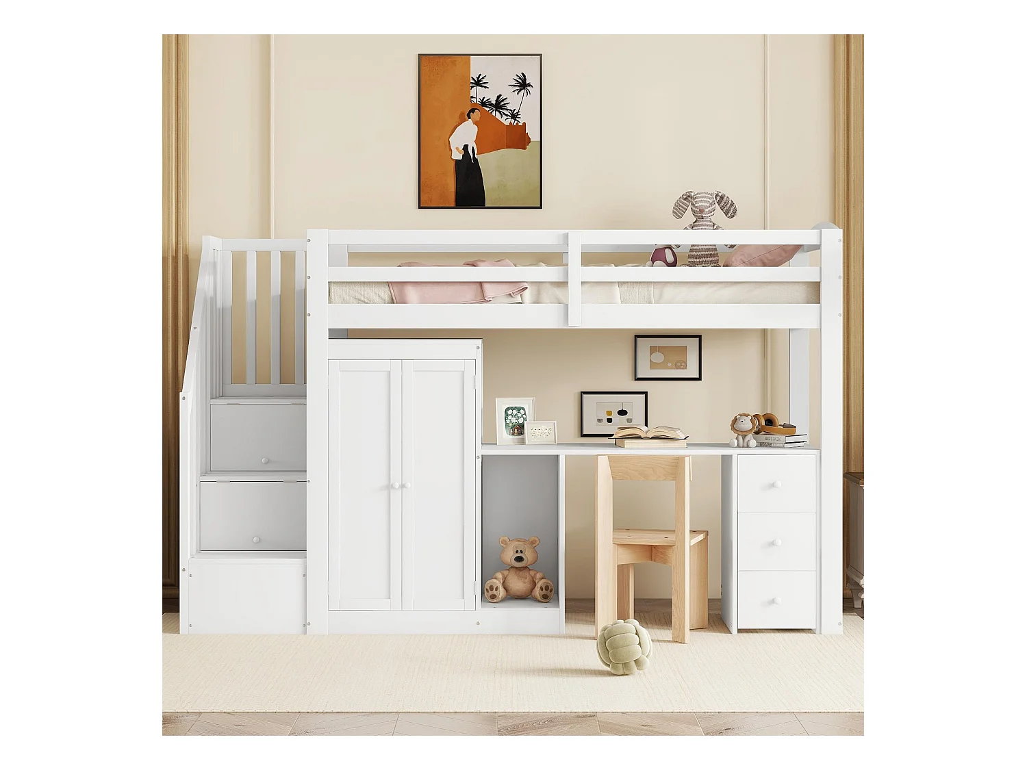 Hoogslaper - 90 x 200 cm - met kledingkast + bureau + lades en hanggedeelte - grenenhout + MDF - wit (zonder matras)