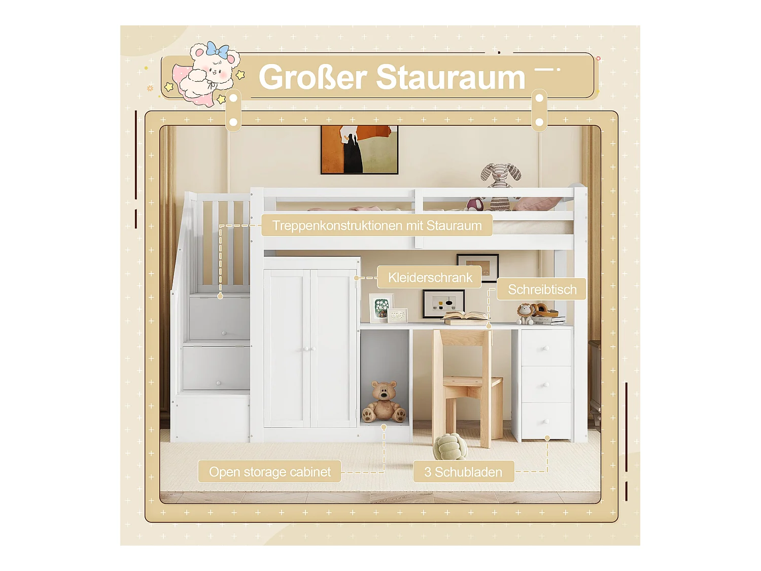 Hoogslaper - 90 x 200 cm - met kledingkast + bureau + lades en hanggedeelte - grenenhout + MDF - wit (zonder matras)