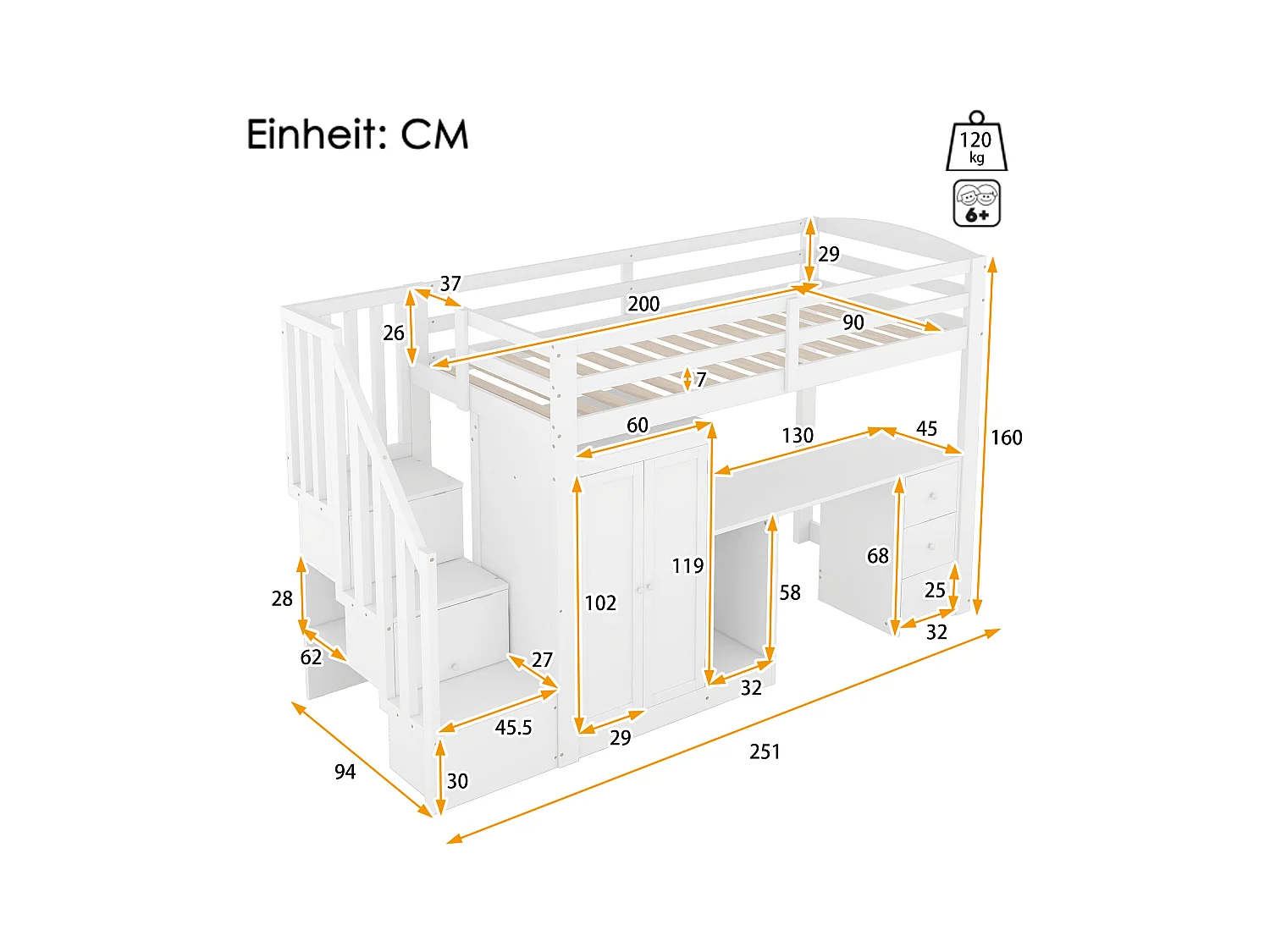 Hoogslaper - 90 x 200 cm - met kledingkast + bureau + lades en hanggedeelte - grenenhout + MDF - wit (zonder matras)