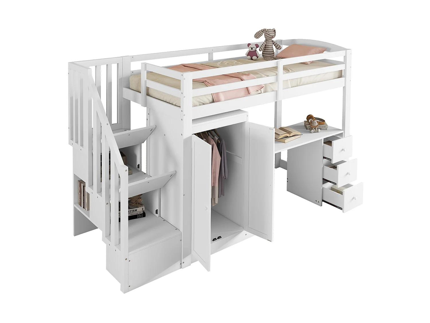 Hoogslaper - 90 x 200 cm - met kledingkast + bureau + lades en hanggedeelte - grenenhout + MDF - wit (zonder matras)