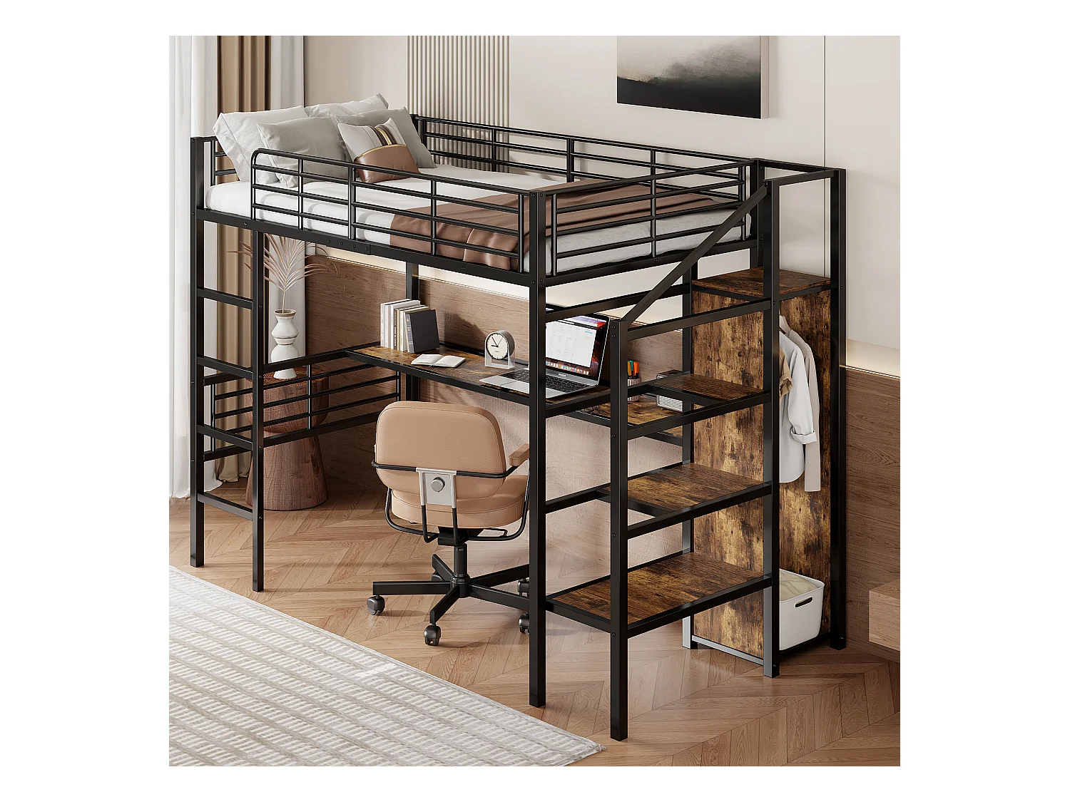 Hoogslaper 90 x 200 cm met bureau, kledingkast en opbergtrap - Metaal + MDF - Zwart (zonder matras)