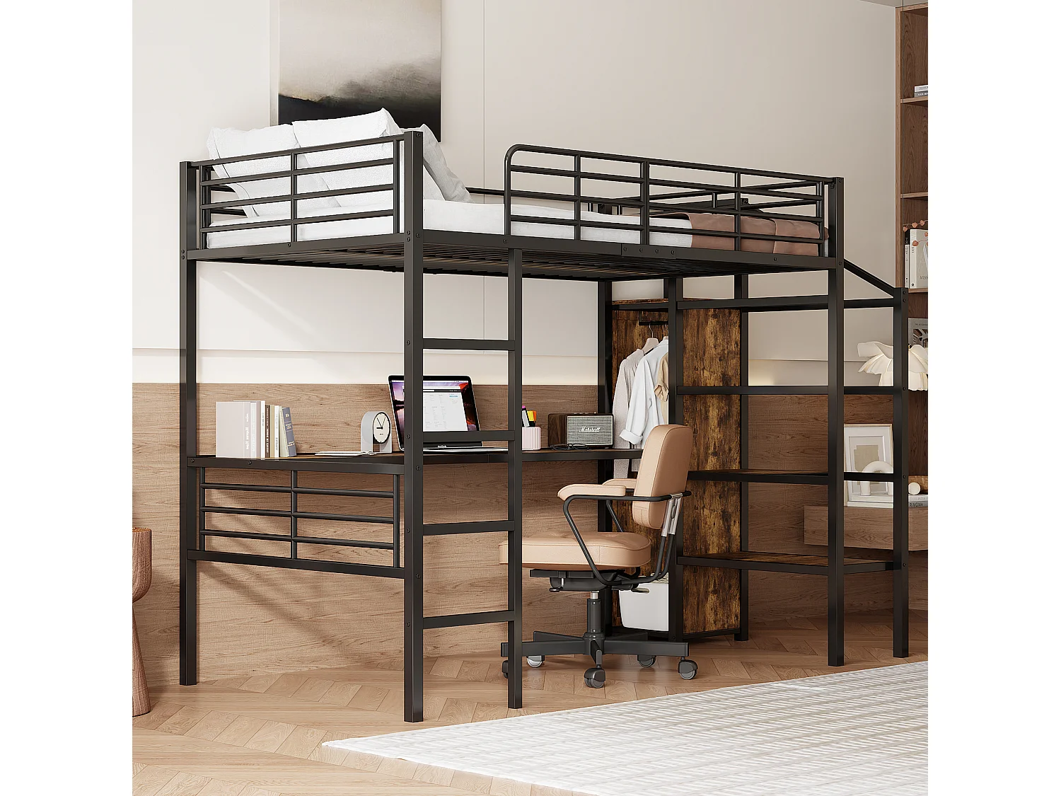 Hoogslaper 90 x 200 cm met bureau, kledingkast en opbergtrap - Metaal + MDF - Zwart (zonder matras)