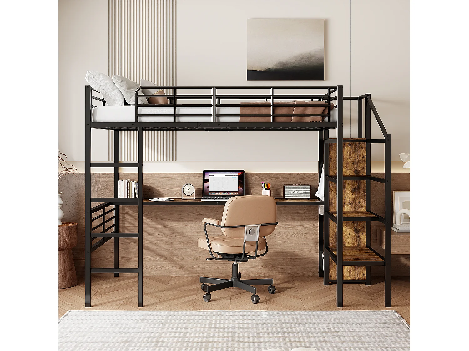 Hoogslaper 90 x 200 cm met bureau, kledingkast en opbergtrap - Metaal + MDF - Zwart (zonder matras)