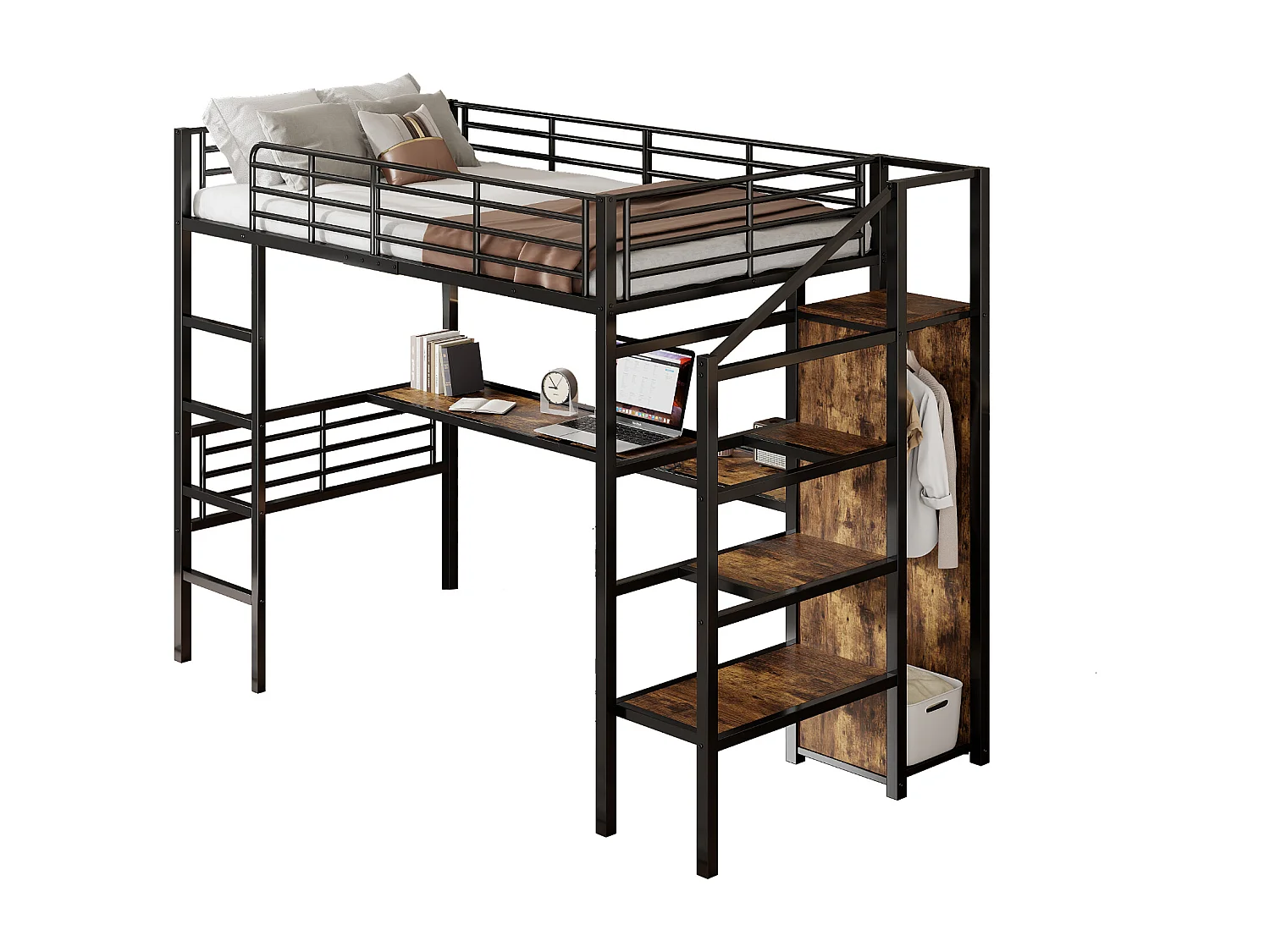 Hoogslaper 90 x 200 cm met bureau, kledingkast en opbergtrap - Metaal + MDF - Zwart (zonder matras)