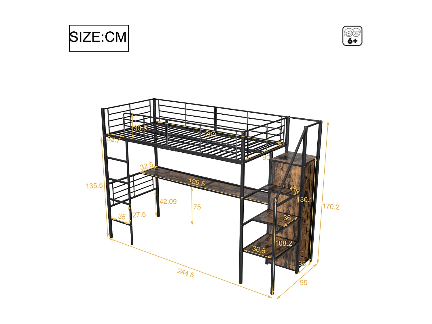 Hoogslaper 90 x 200 cm met bureau, kledingkast en opbergtrap - Metaal + MDF - Zwart (zonder matras)