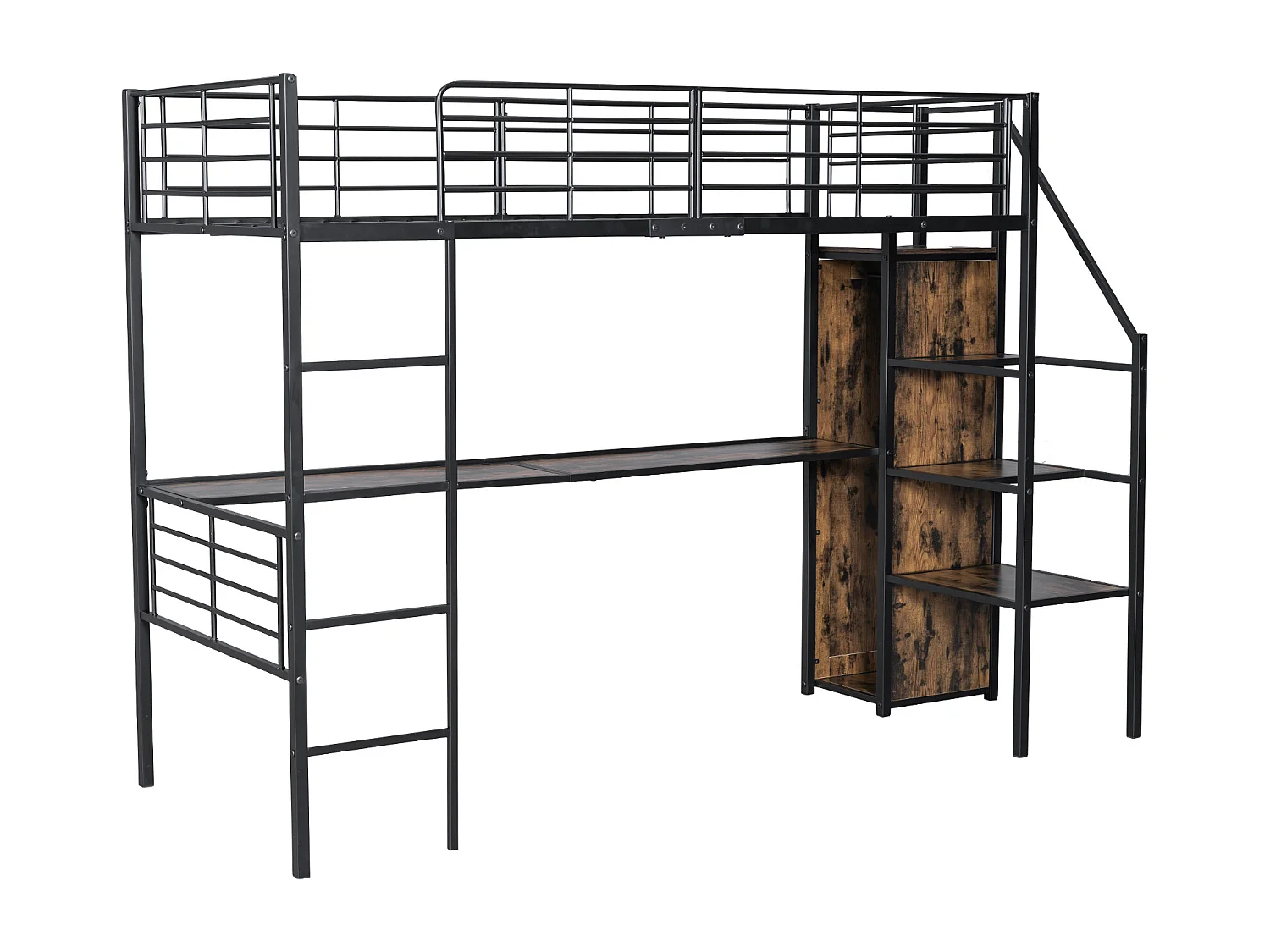 Hoogslaper 90 x 200 cm met bureau, kledingkast en opbergtrap - Metaal + MDF - Zwart (zonder matras)