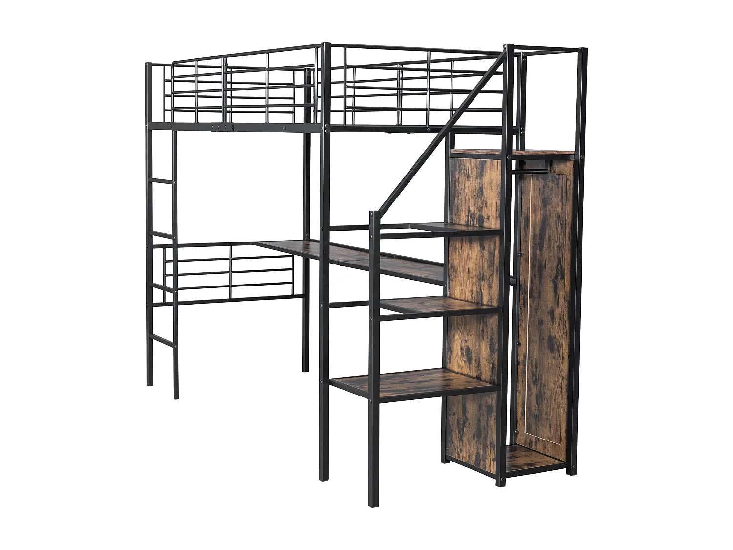 Hoogslaper 90 x 200 cm met bureau, kledingkast en opbergtrap - Metaal + MDF - Zwart (zonder matras)