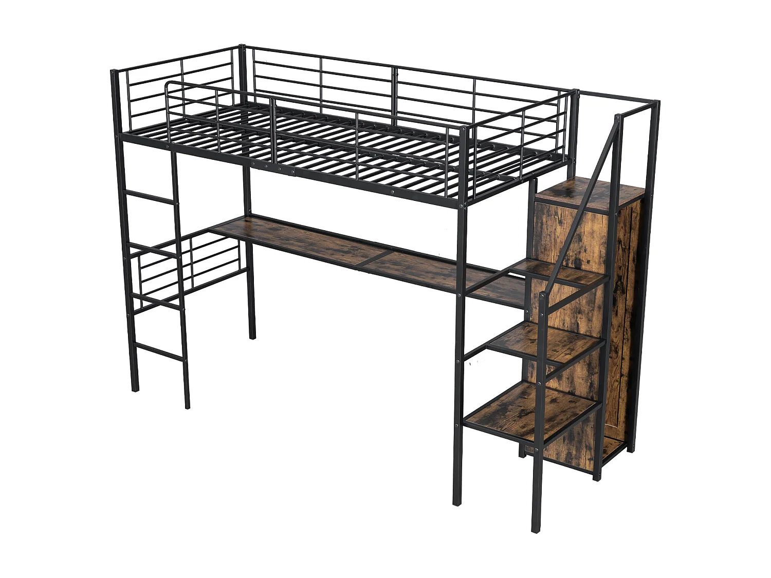 Hoogslaper 90 x 200 cm met bureau, kledingkast en opbergtrap - Metaal + MDF - Zwart (zonder matras)