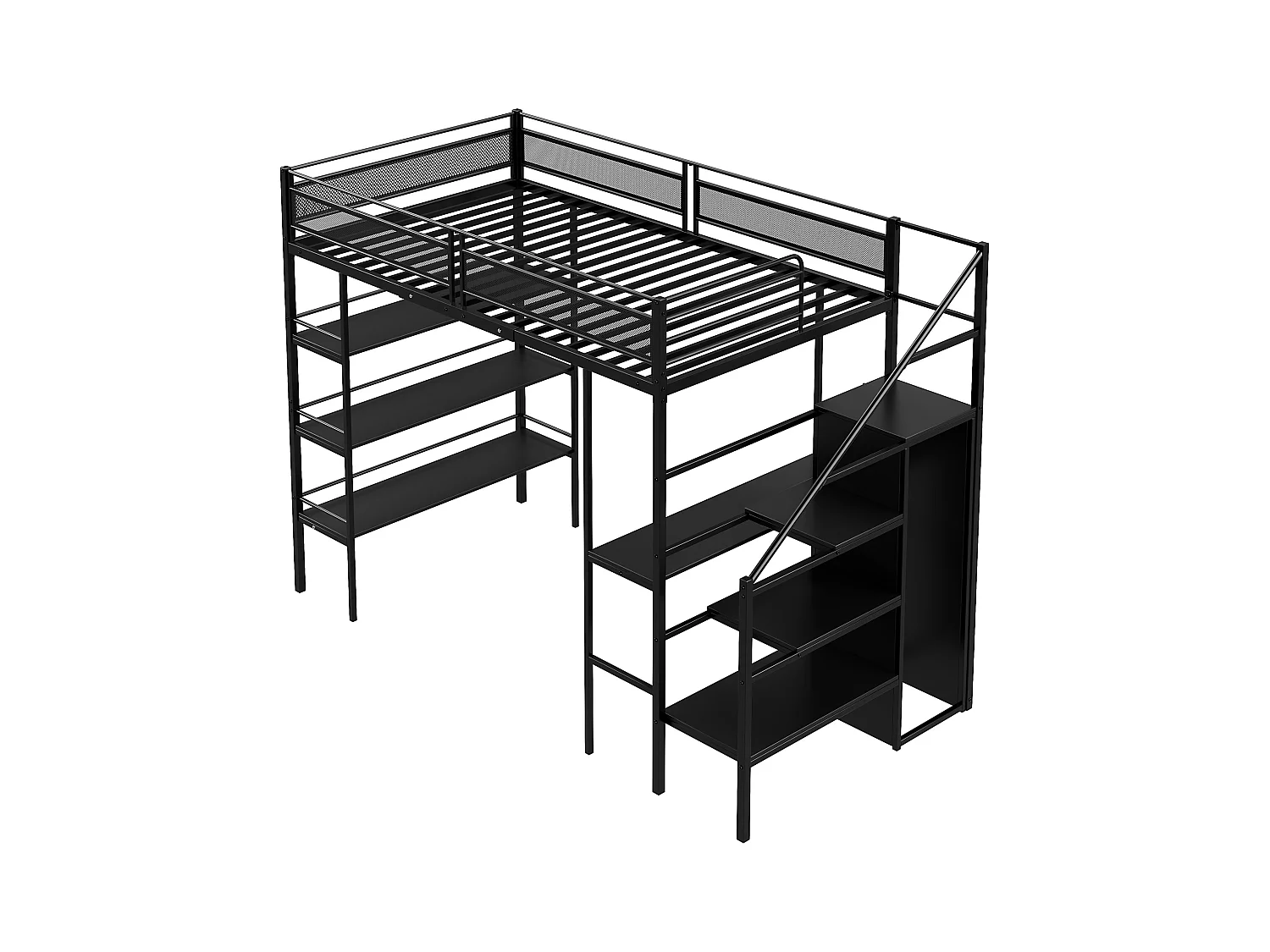 Lit mezzanine 90 x 200 cm avec bureau, armoire, étagères et marches de rangement - Métal - pour enfant - Noir (sans matelas)