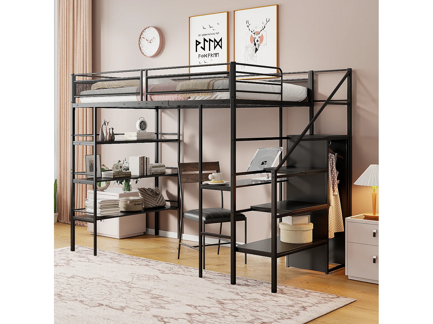 Lit mezzanine 90 x 200 cm avec bureau, armoire, étagères et marches de rangement - Métal - pour enfant - Noir (sans matelas)