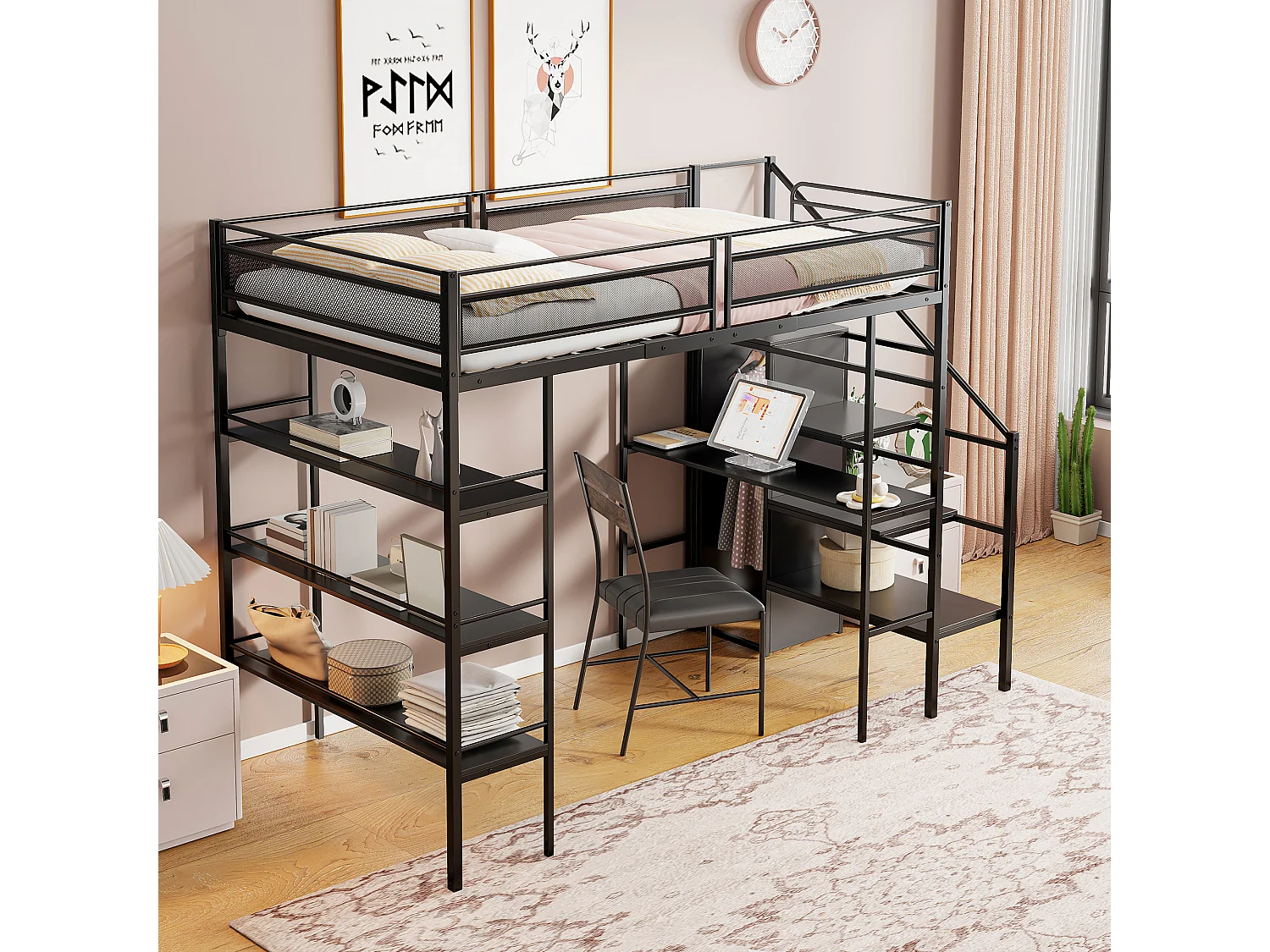 Lit mezzanine 90 x 200 cm avec bureau, armoire, étagères et marches de rangement - Métal - pour enfant - Noir (sans matelas)