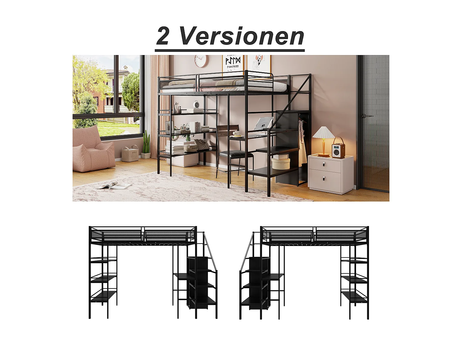 Lit mezzanine 90 x 200 cm avec bureau, armoire, étagères et marches de rangement - Métal - pour enfant - Noir (sans matelas)