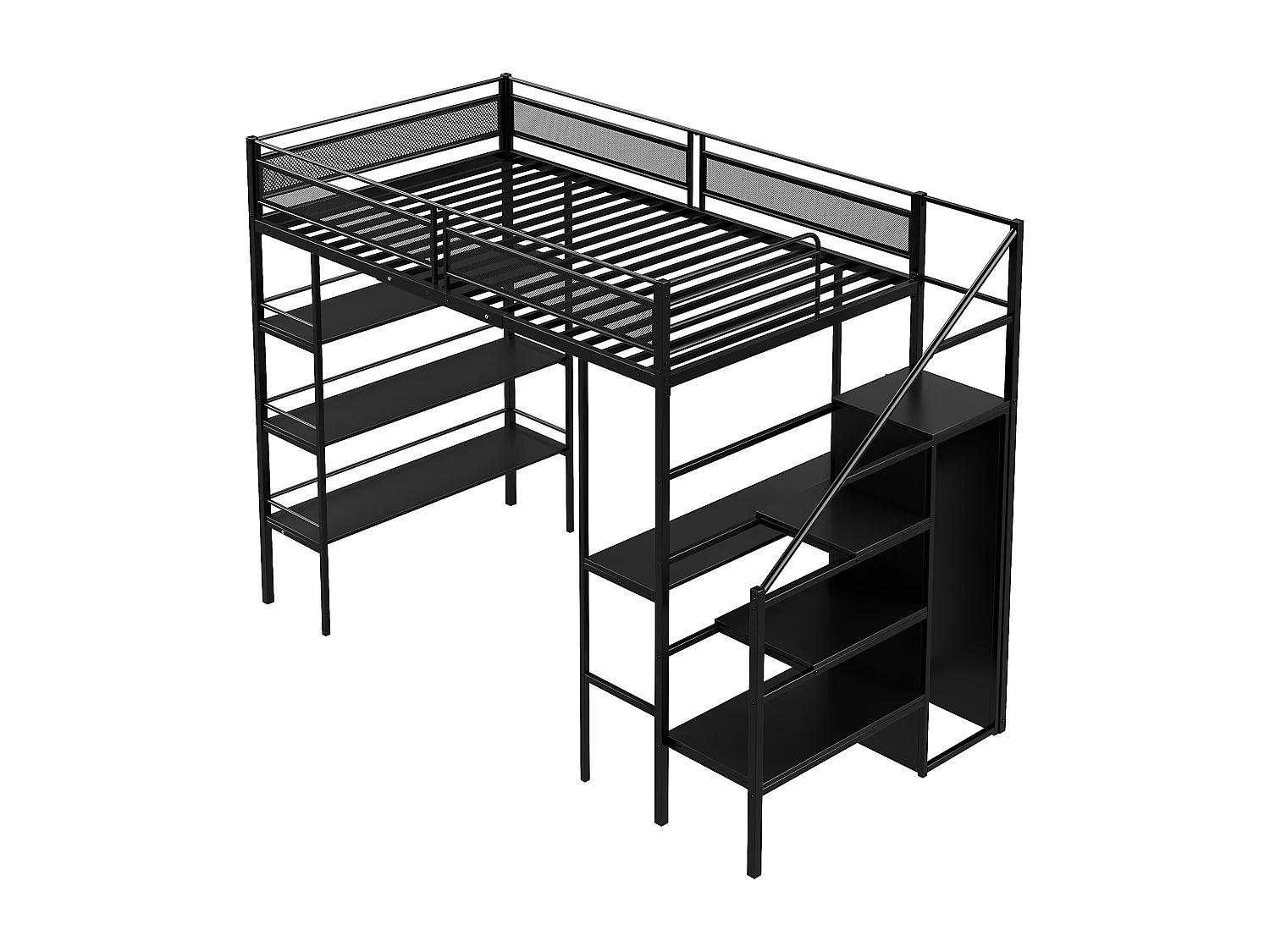 Lit mezzanine 90 x 200 cm avec bureau, armoire, étagères et marches de rangement - Métal - pour enfant - Noir (sans matelas)