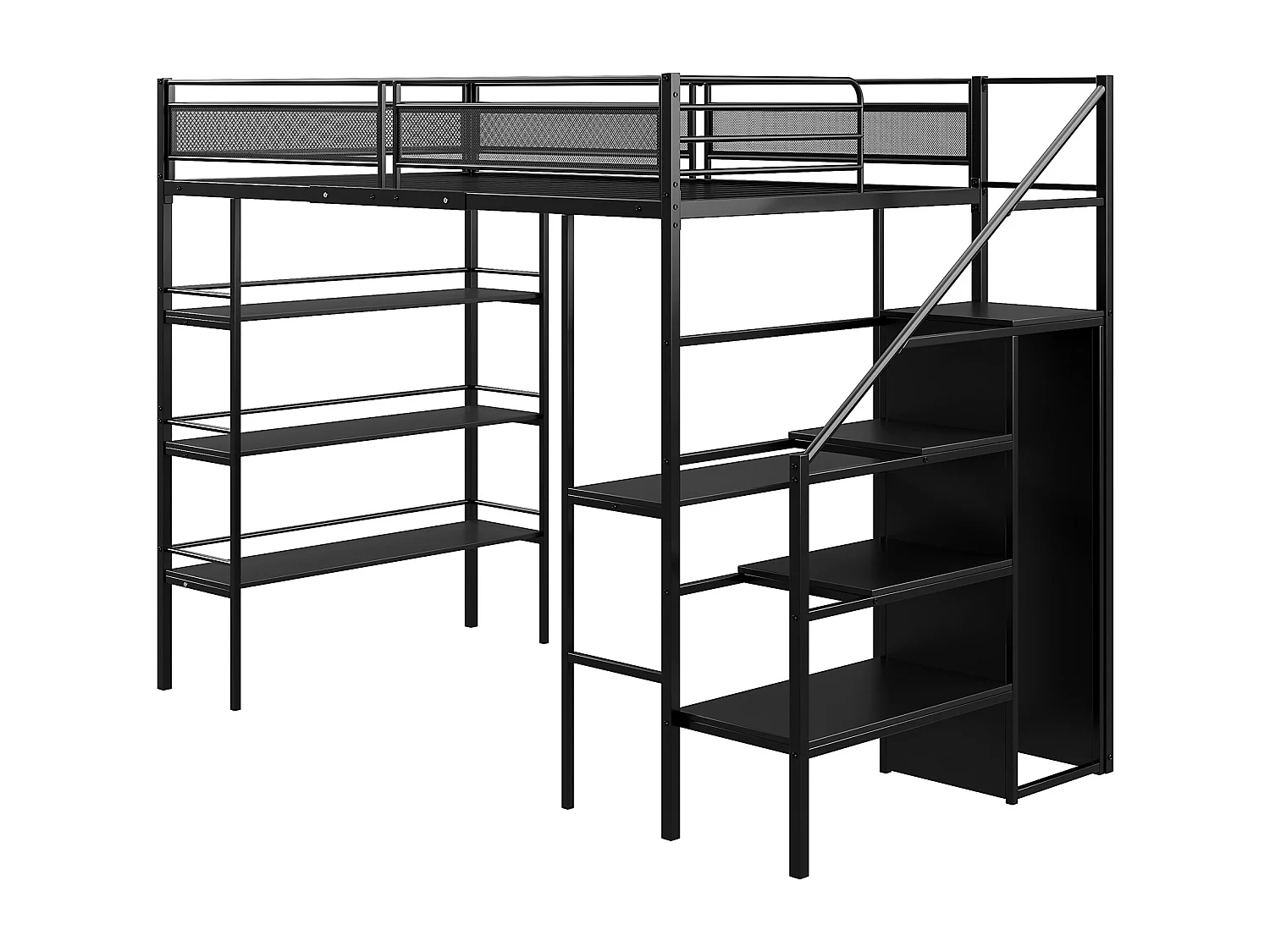 Lit mezzanine 90 x 200 cm avec bureau, armoire, étagères et marches de rangement - Métal - pour enfant - Noir (sans matelas)