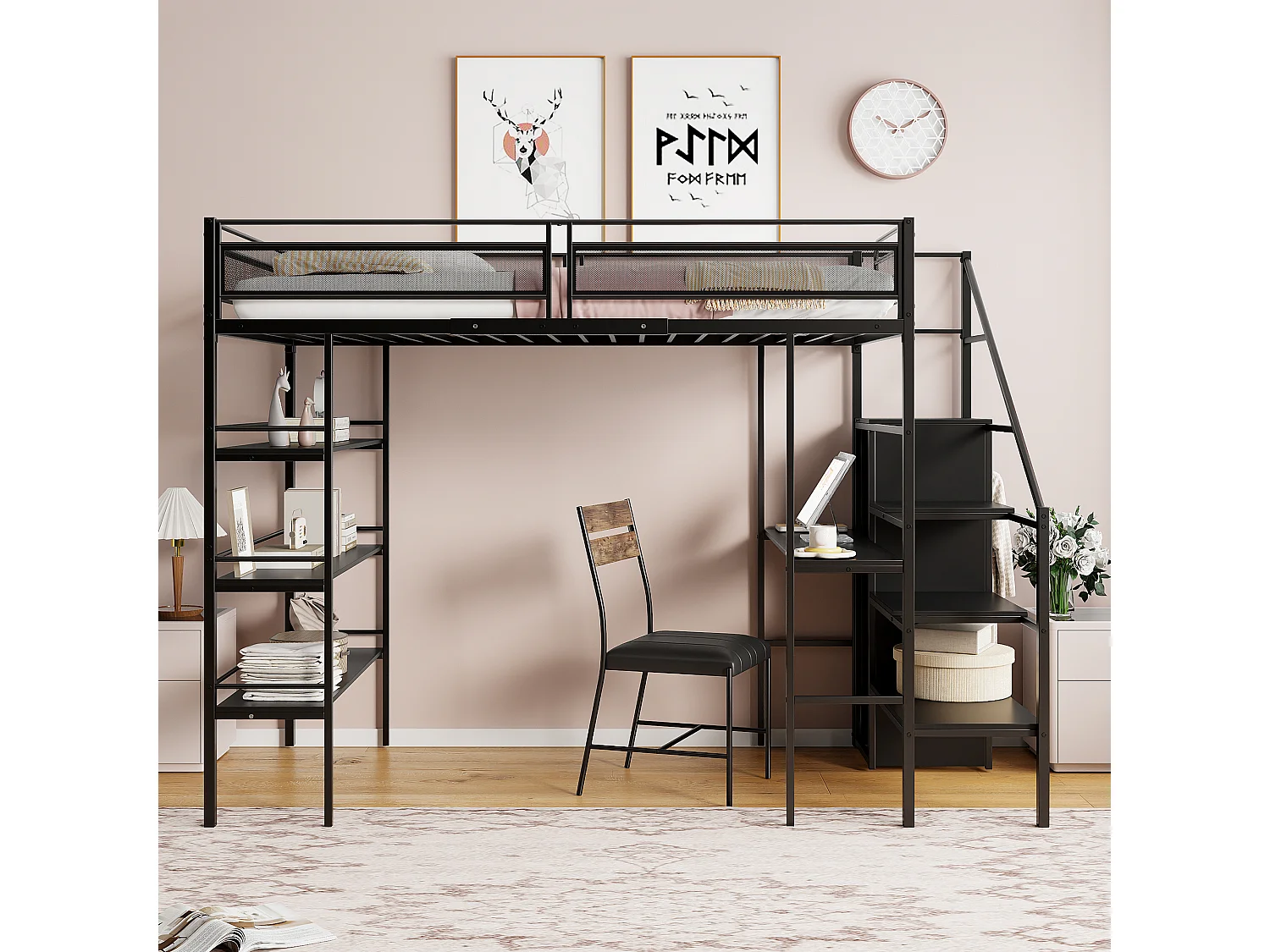 Lit mezzanine 90 x 200 cm avec bureau, armoire, étagères et marches de rangement - Métal - pour enfant - Noir (sans matelas)