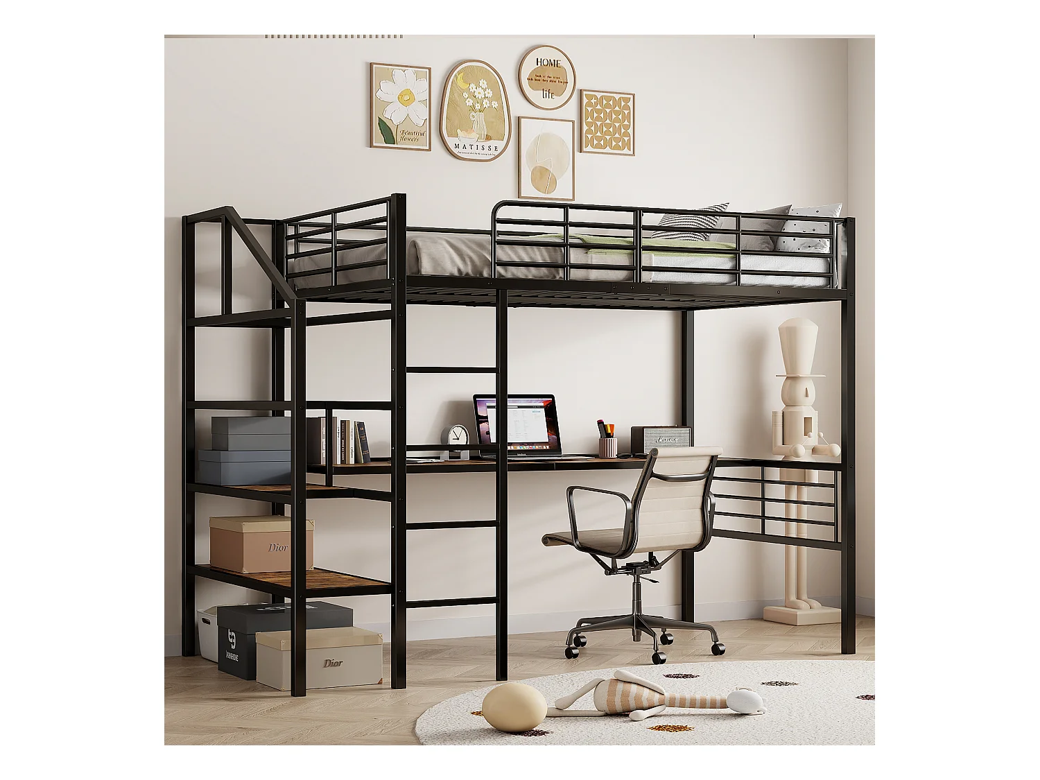 Lit mezzanine 90 x 200 cm avec bureau et marches de rangement - Métal + MDF - Noir (sans matelas)