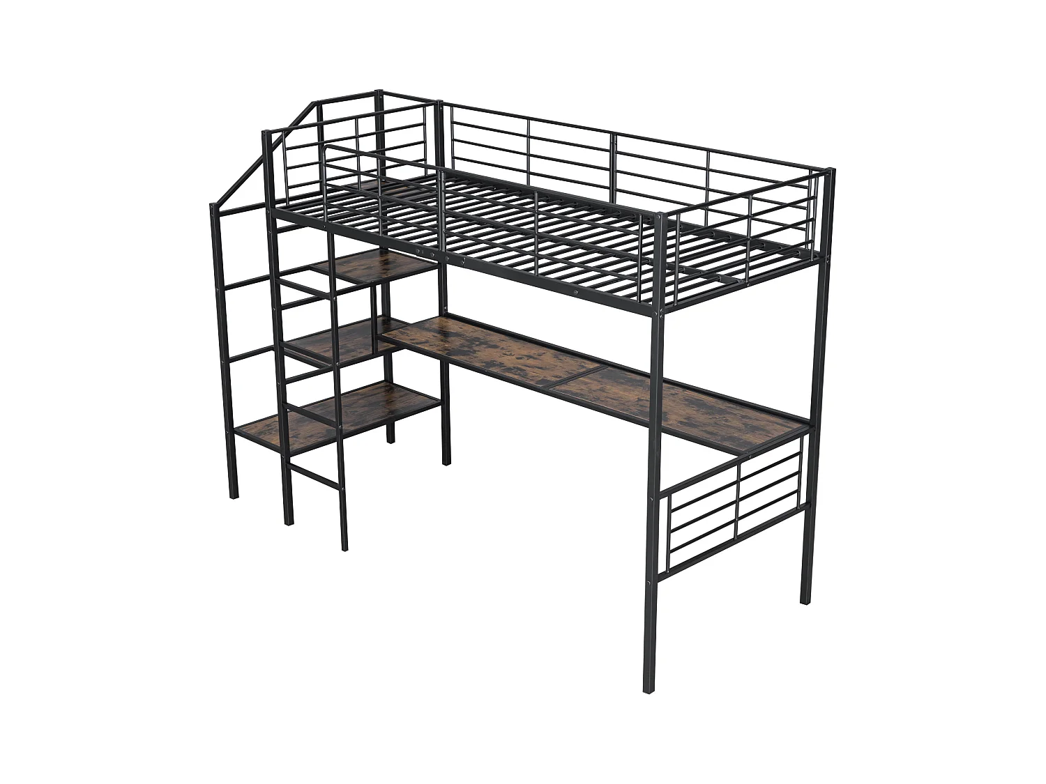Lit mezzanine 90 x 200 cm avec bureau et marches de rangement - Métal + MDF - Noir (sans matelas)