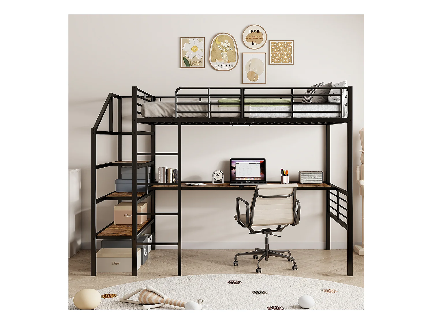 Lit mezzanine 90 x 200 cm avec bureau et marches de rangement - Métal + MDF - Noir (sans matelas)