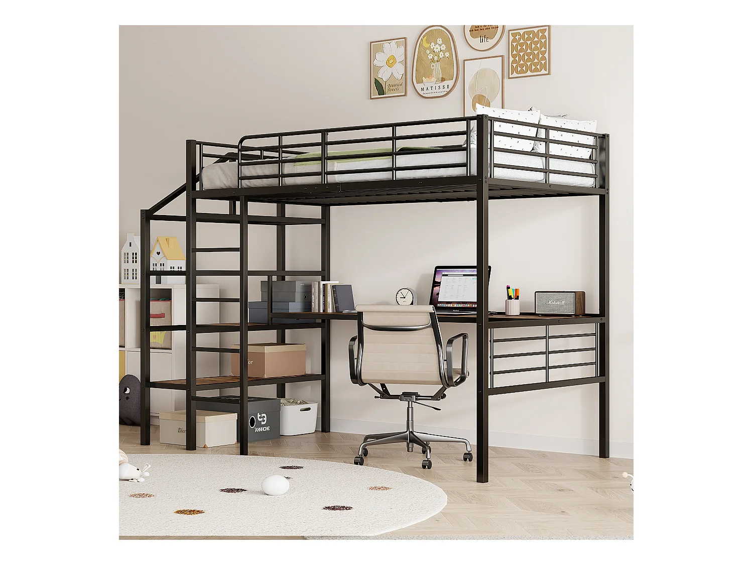 Lit mezzanine 90 x 200 cm avec bureau et marches de rangement - Métal + MDF - Noir (sans matelas)