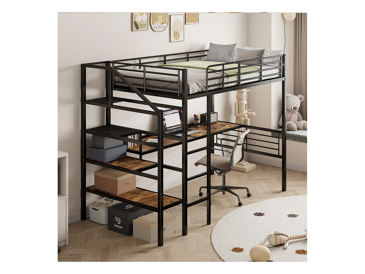 Lit mezzanine 90 x 200 cm avec bureau et marches de rangement - Métal + MDF - Noir (sans matelas)