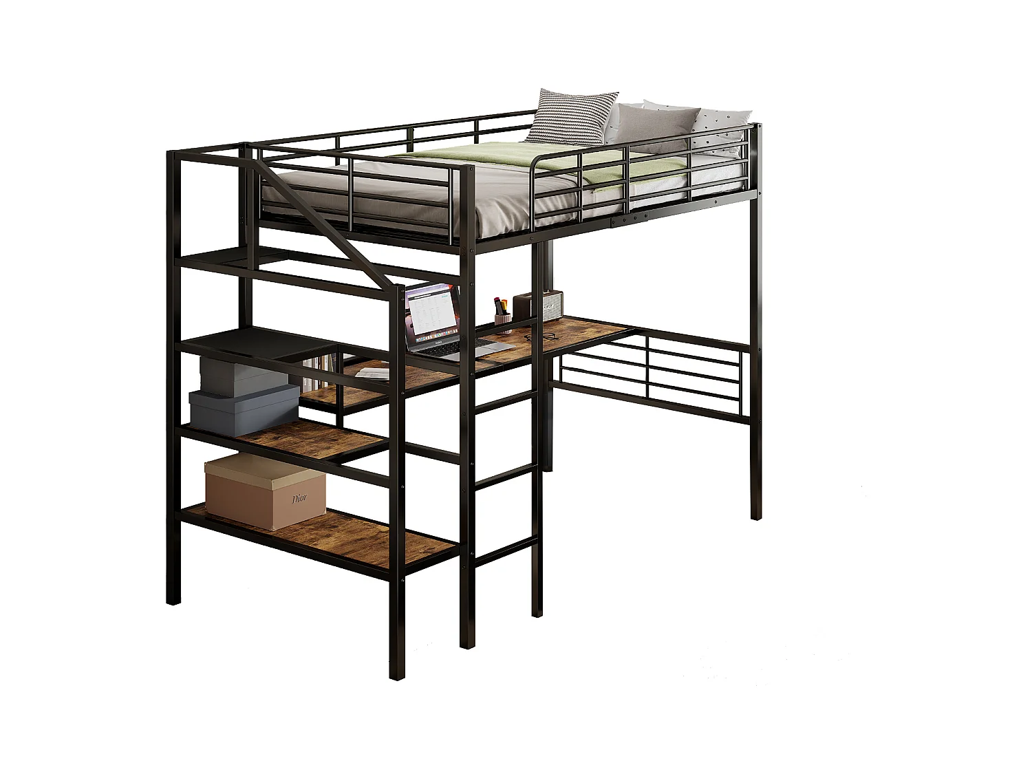 Lit mezzanine 90 x 200 cm avec bureau et marches de rangement - Métal + MDF - Noir (sans matelas)
