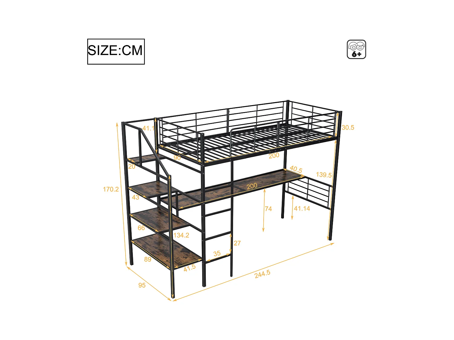 Lit mezzanine 90 x 200 cm avec bureau et marches de rangement - Métal + MDF - Noir (sans matelas)