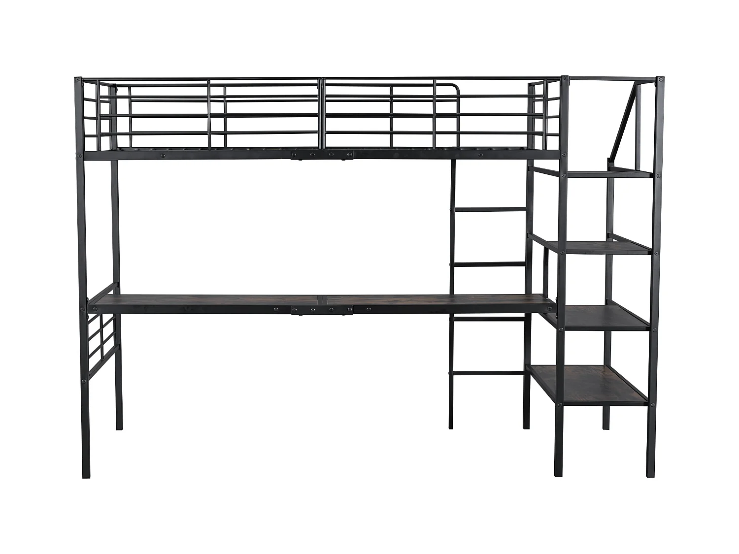 Lit mezzanine 90 x 200 cm avec bureau et marches de rangement - Métal + MDF - Noir (sans matelas)