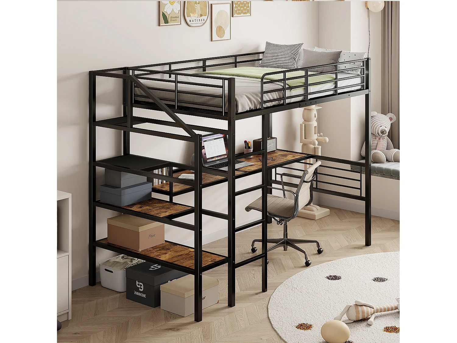 Lit mezzanine 90 x 200 cm avec bureau et marches de rangement - Métal + MDF - Noir (sans matelas)