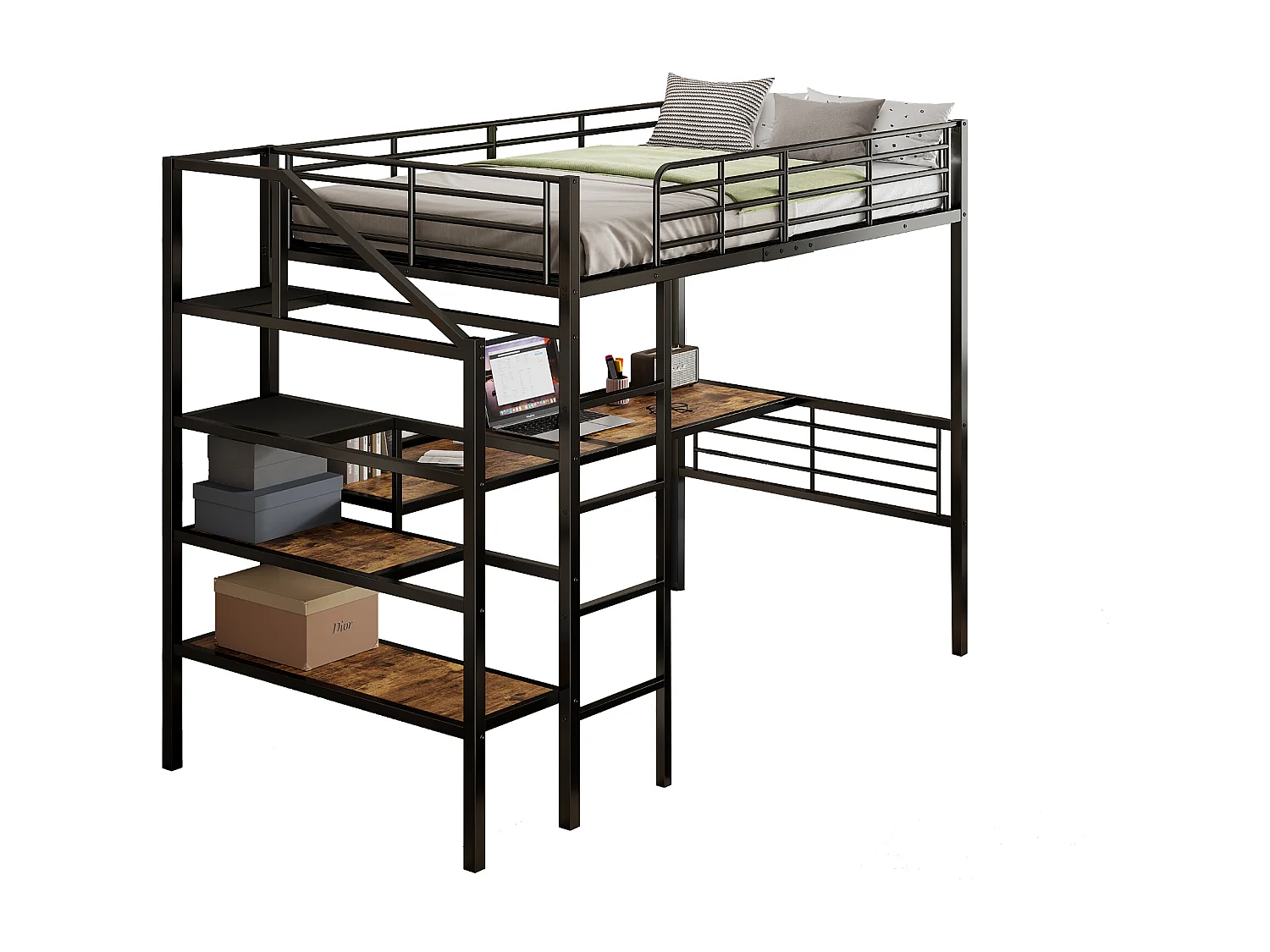 Lit mezzanine 90 x 200 cm avec bureau et marches de rangement - Métal + MDF - Noir (sans matelas)