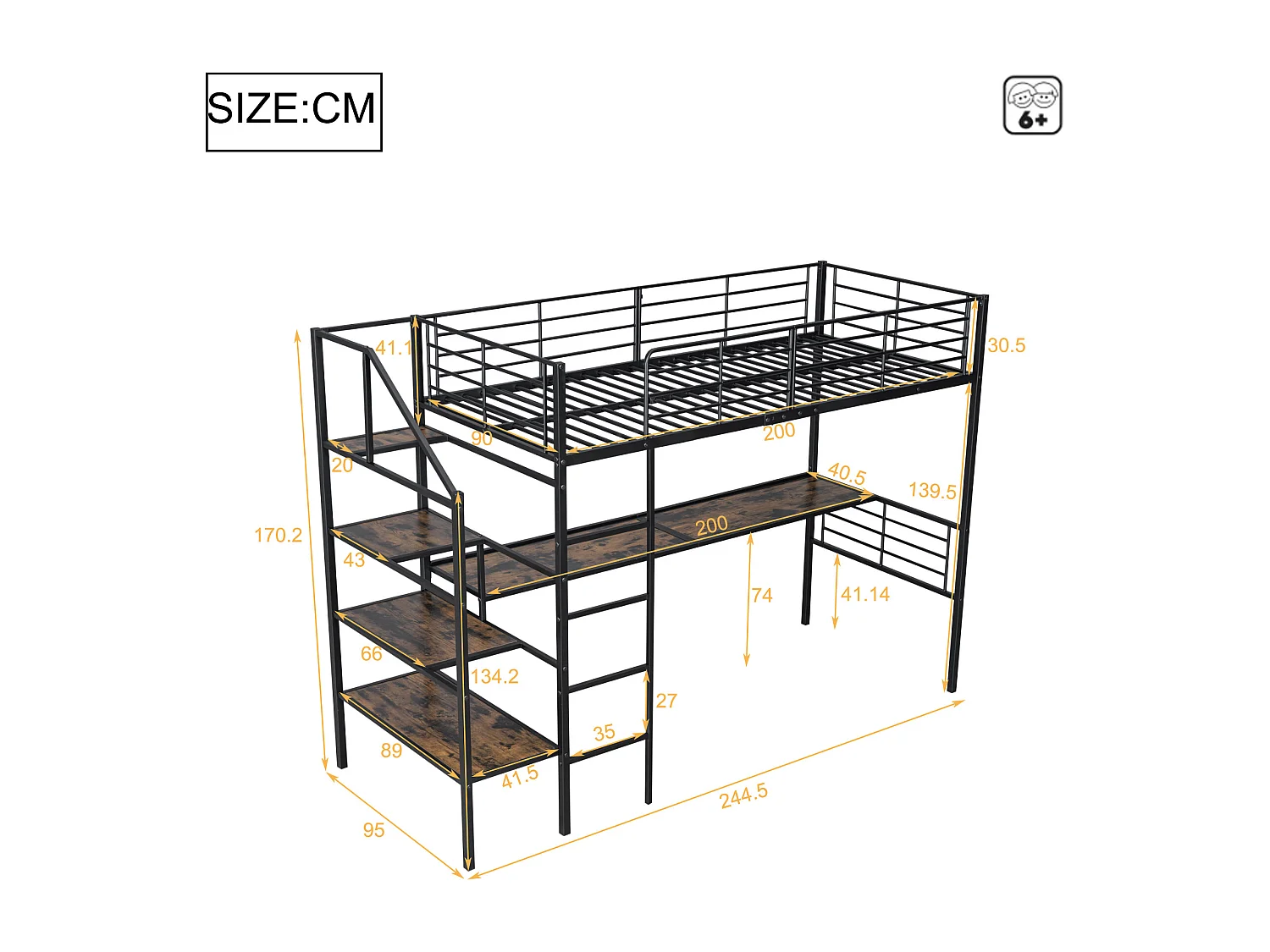 Lit mezzanine 90 x 200 cm avec bureau et marches de rangement - Métal + MDF - Noir (sans matelas)