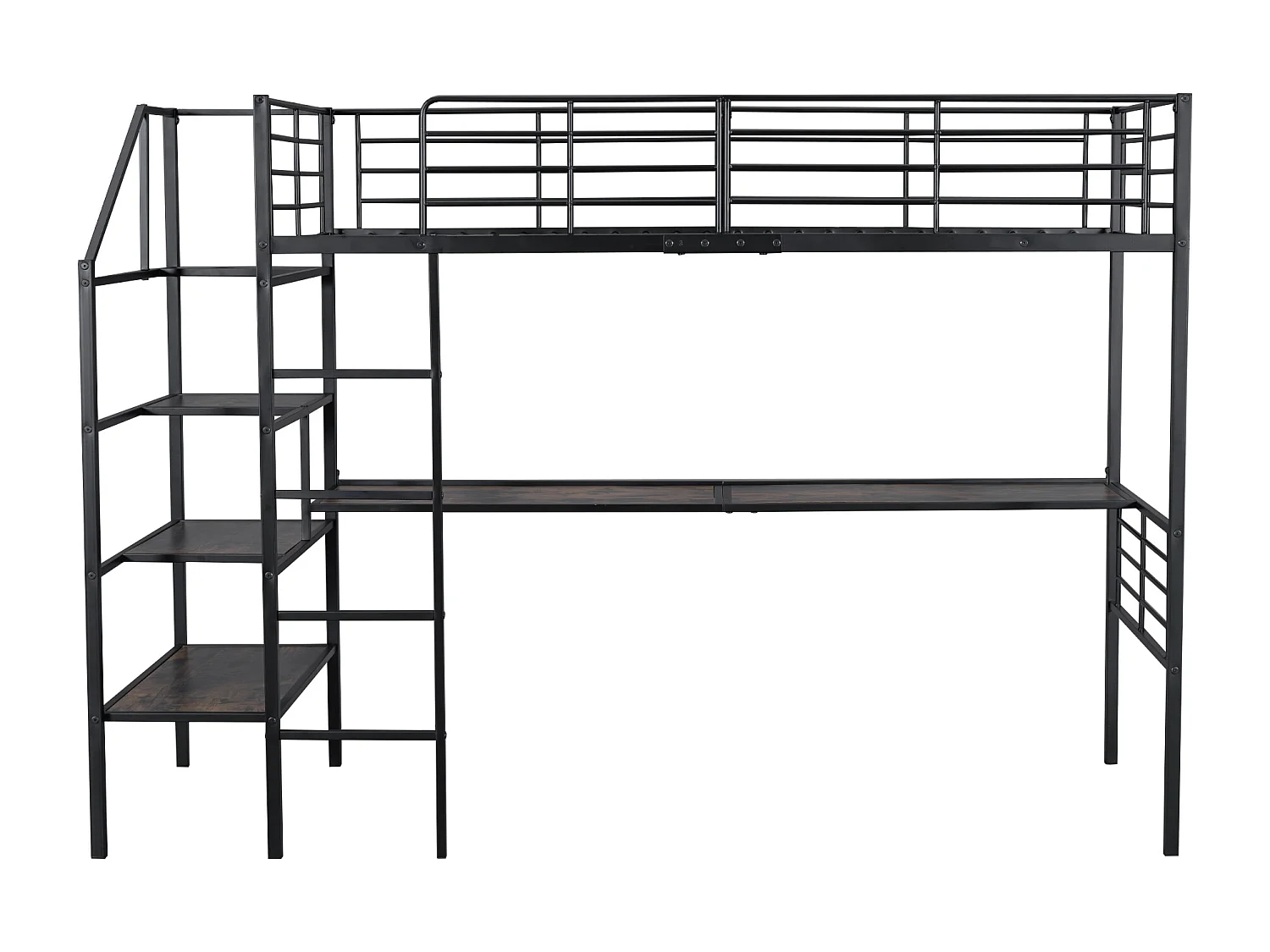 Lit mezzanine 90 x 200 cm avec bureau et marches de rangement - Métal + MDF - Noir (sans matelas)