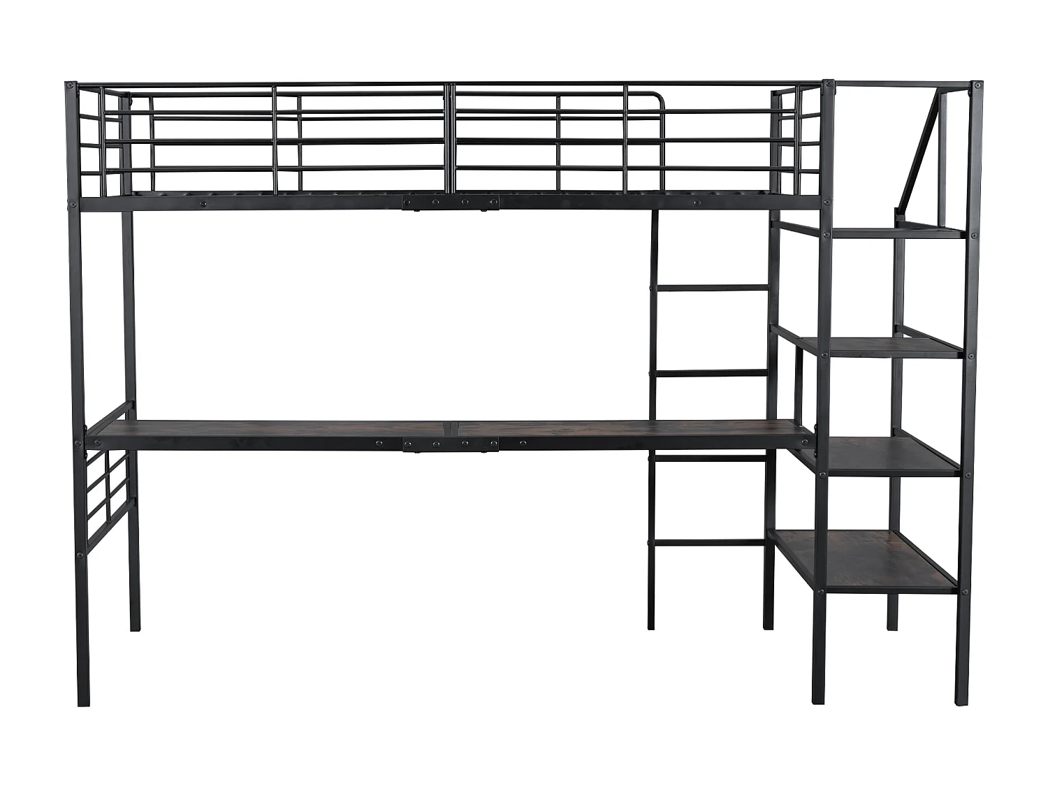Lit mezzanine 90 x 200 cm avec bureau et marches de rangement - Métal + MDF - Noir (sans matelas)