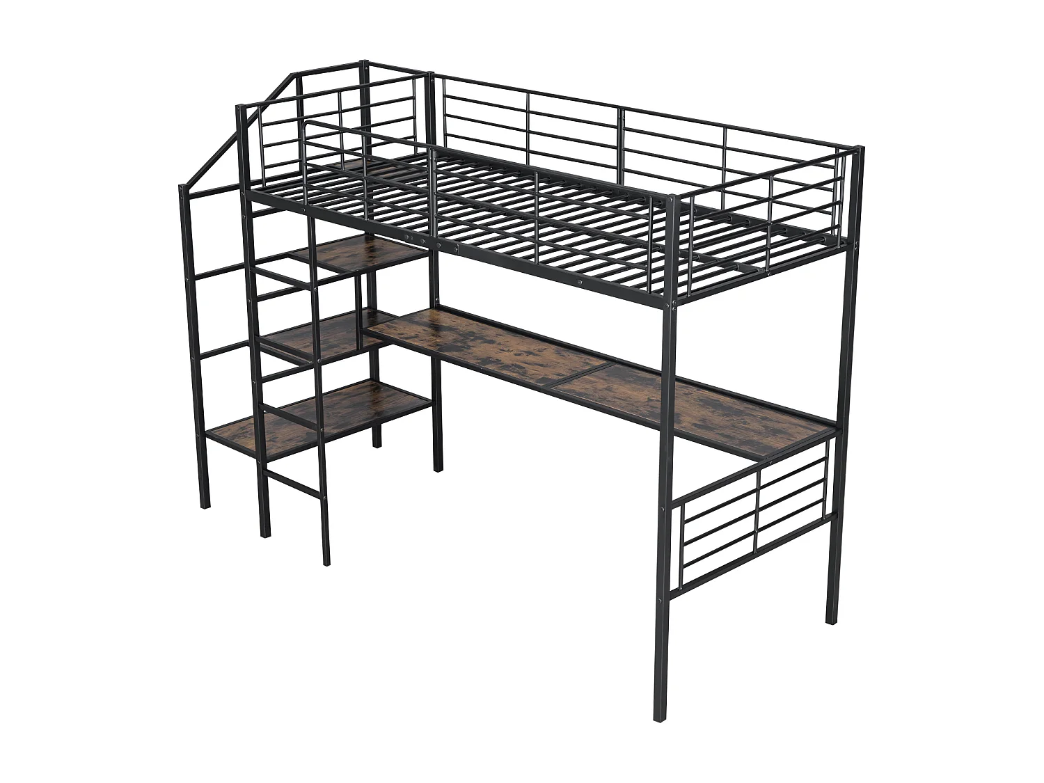 Lit mezzanine 90 x 200 cm avec bureau et marches de rangement - Métal + MDF - Noir (sans matelas)